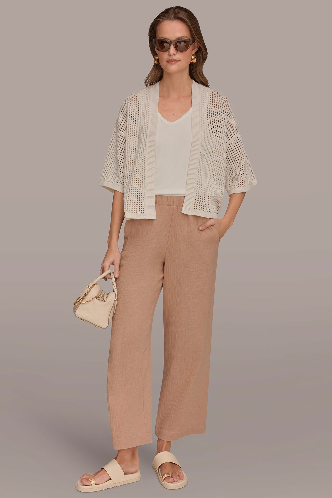Cream OPEN STITCH CARDIGAN Donna Karan