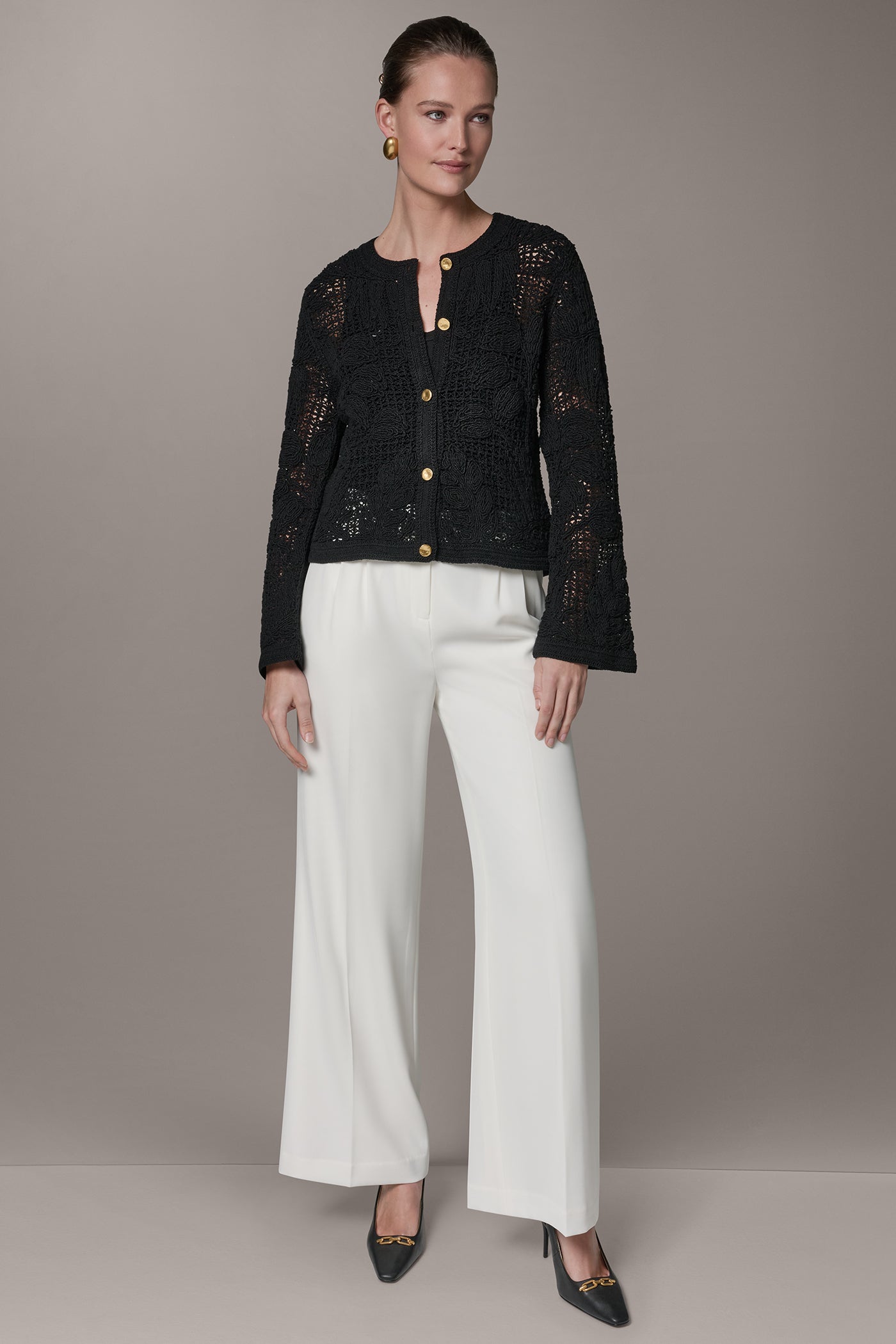 Black BELL SLEEVE FLORAL CROCHET JACKET Donna Karan