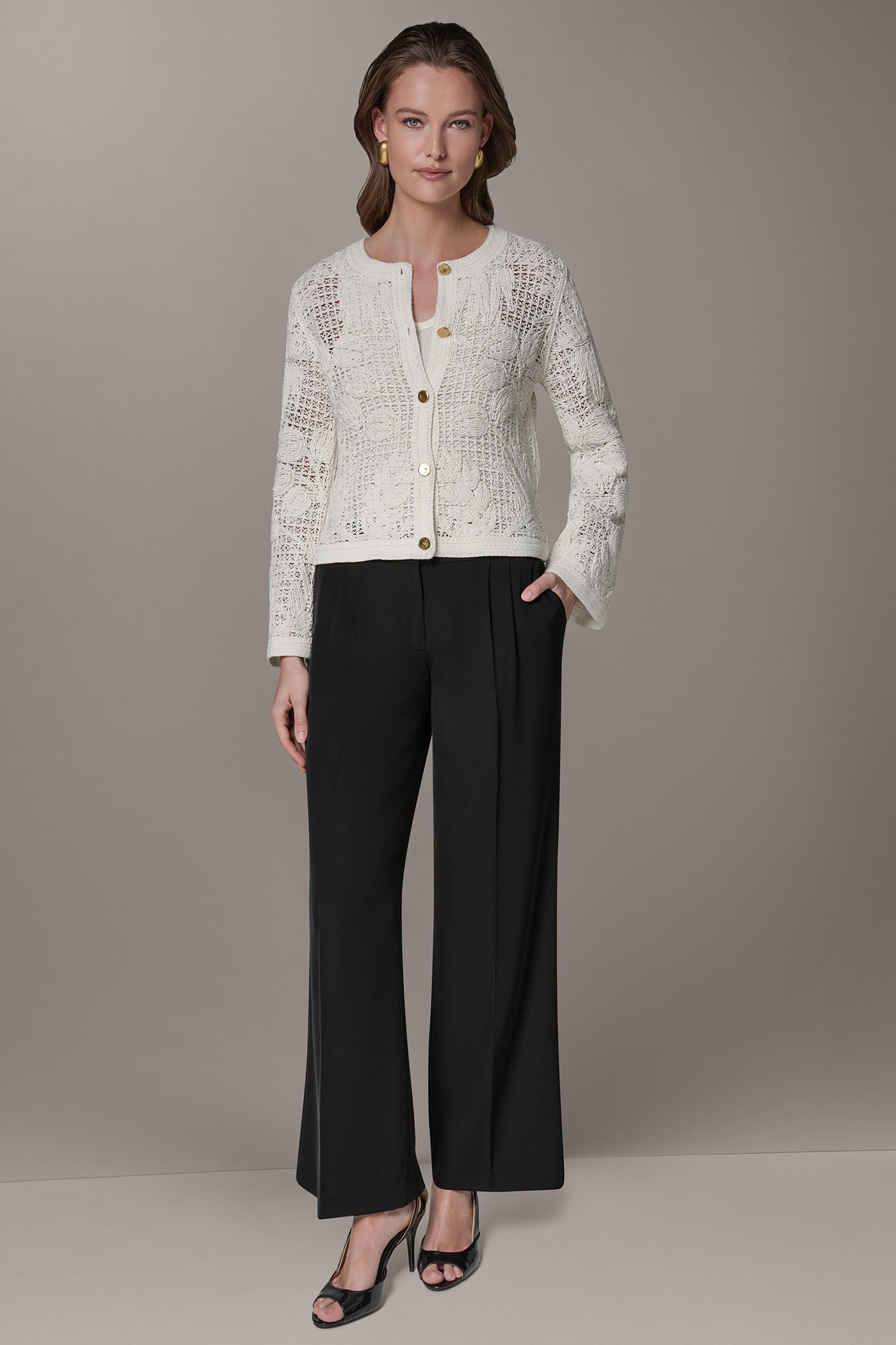 Cream BELL SLEEVE FLORAL CROCHET JACKET Donna Karan
