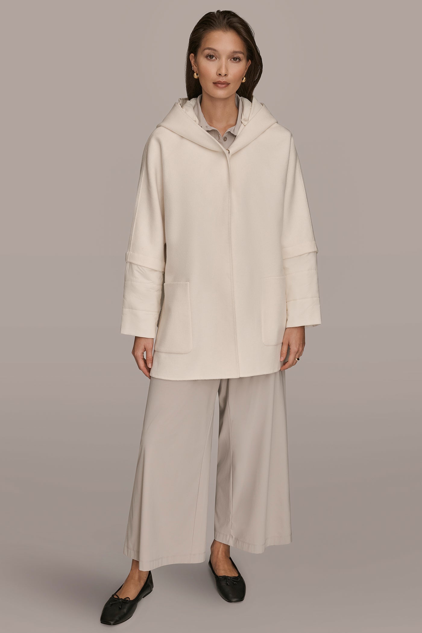 CREAM HOODED WOOL-BLEND CAPE COAT Donna Karan