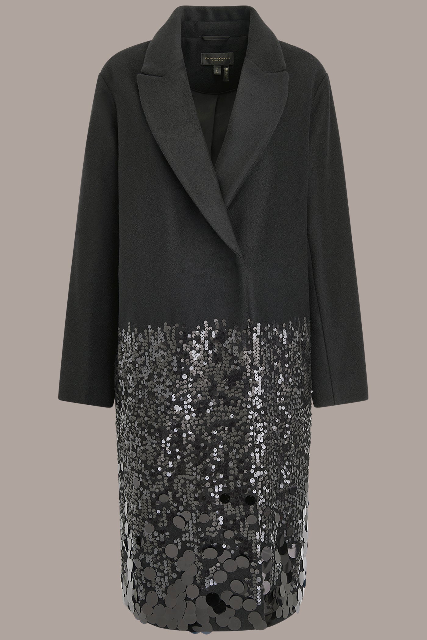 Black LONG SEQUIN WOOL-BLEND COAT Donna Karan