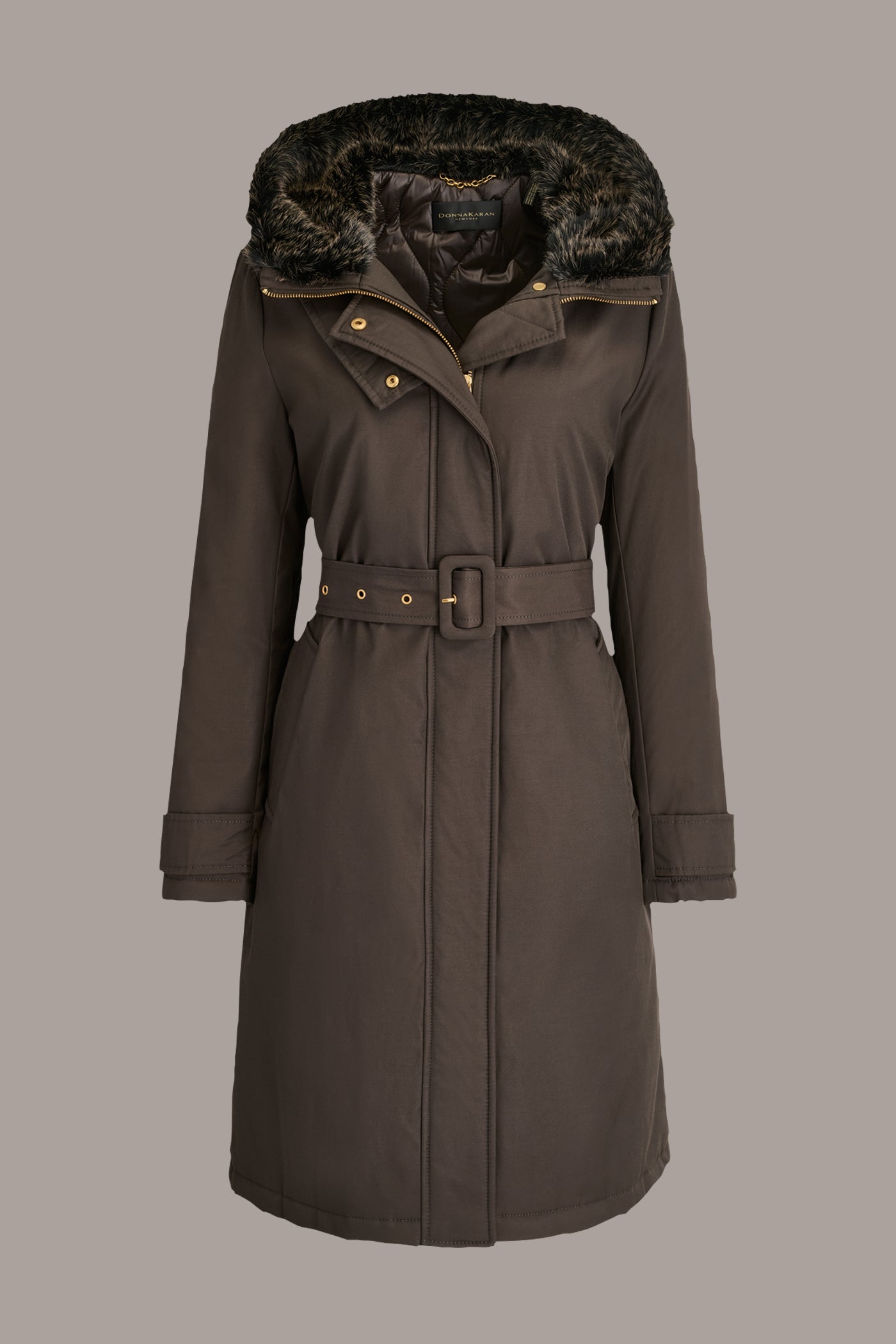 Brown FAUX FUR TRIM LINED RAIN COAT Donna Karan