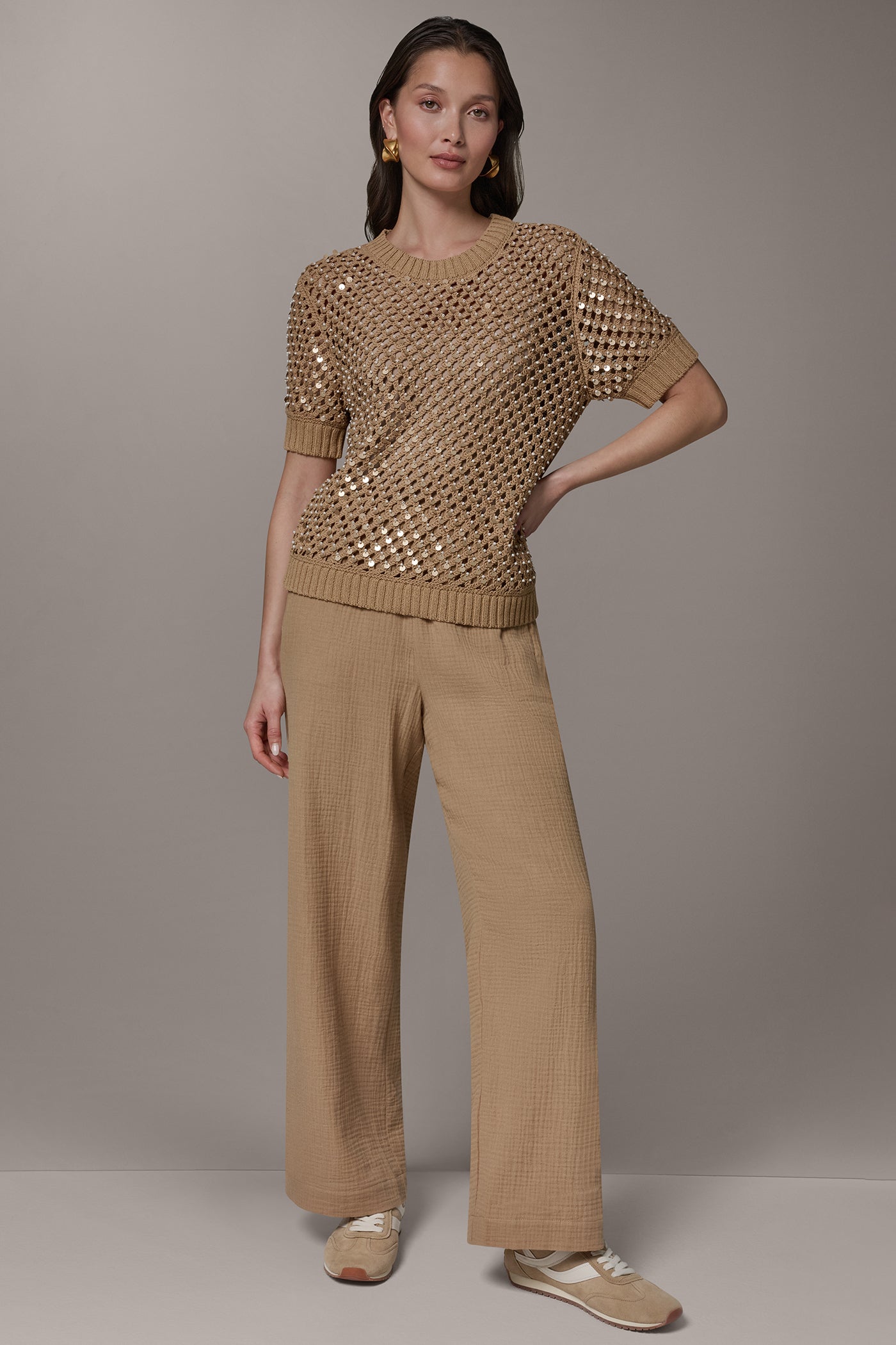 Fawn SHORT SLEEVE PEARL SEQUIN SWEATER Donna Karan