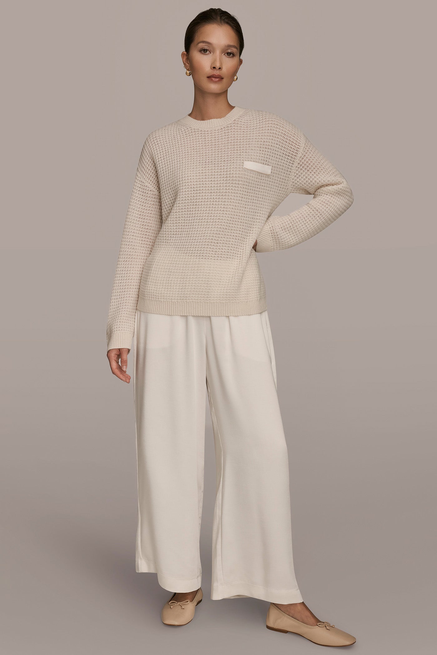 CREAM/GOLD WOOL AND CASHMERE-BLEND POCKET SWEATER Donna Karan