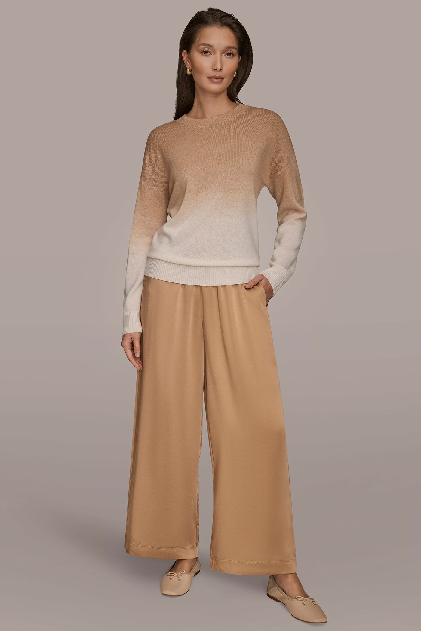 CREAM/FAWN WOOL AND CASHMERE-BLEND DIP-DYED SWEATER Donna Karan