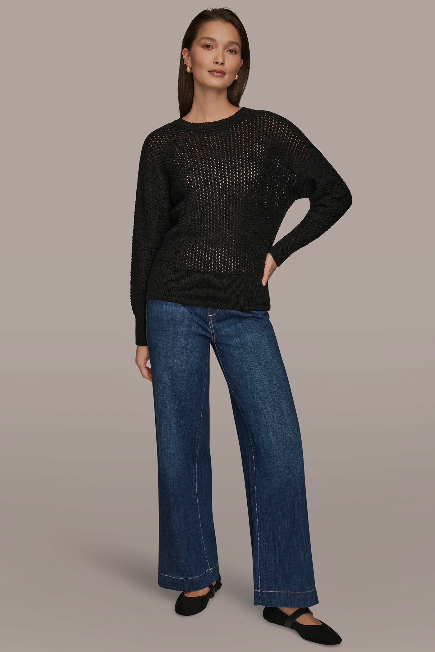 Black LONG SLEEVE OPEN STITCH SWEATER Donna Karan