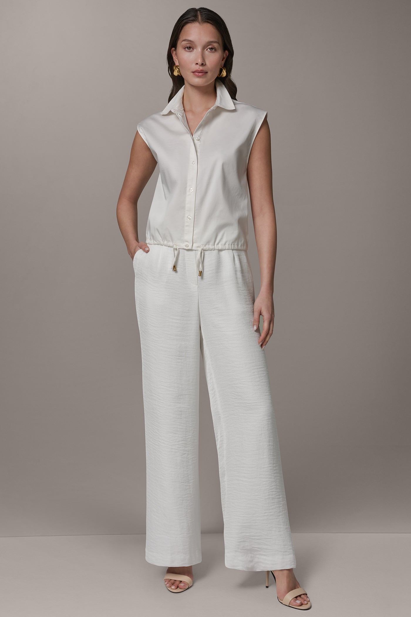 Cream SLEEVELESS DRAWSTRING HEM BLOUSE Donna Karan