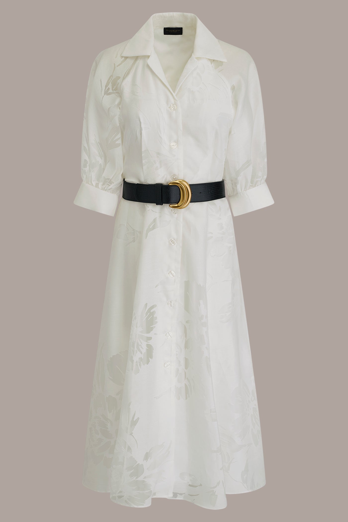CREAM FLORAL-JACQUARD MIDI SHIRT DRESS Donna Karan