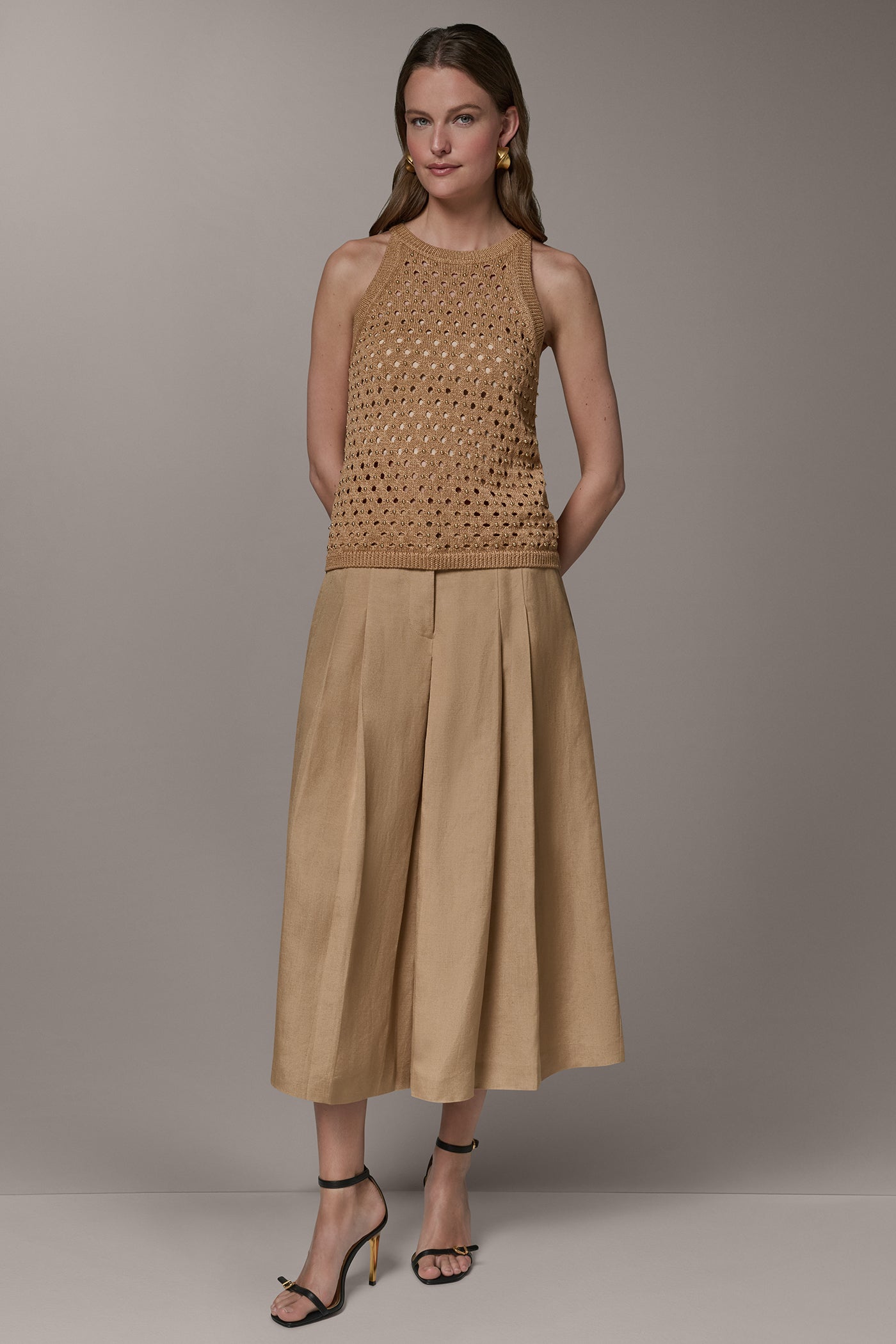 Fawn SLEEVELESS OPEN-STITCH HALTER SWEATER Donna Karan