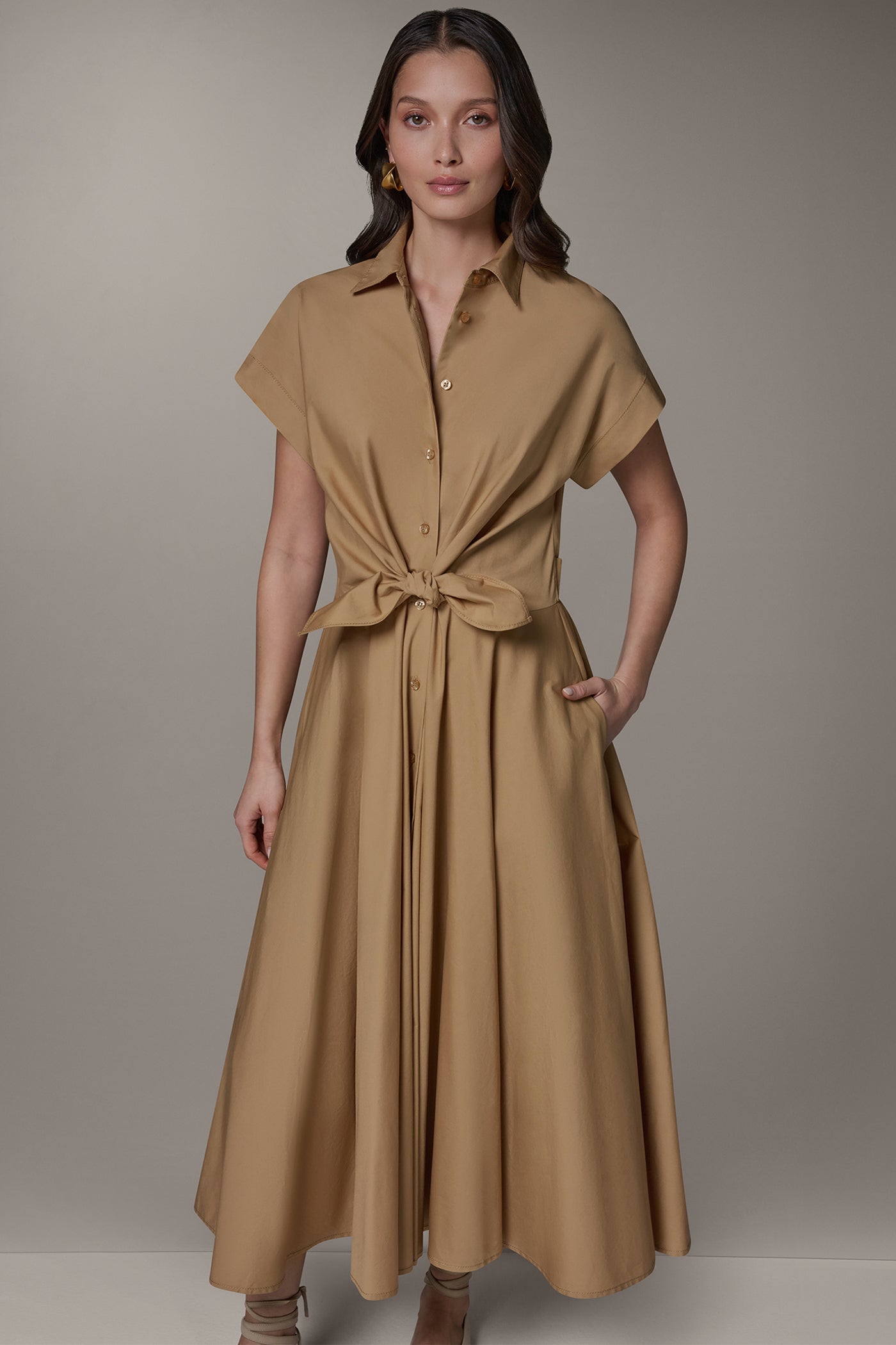 Fawn SHORT SLEEVE TIE FRONT MAXI SHIRT DRESS Donna Karan