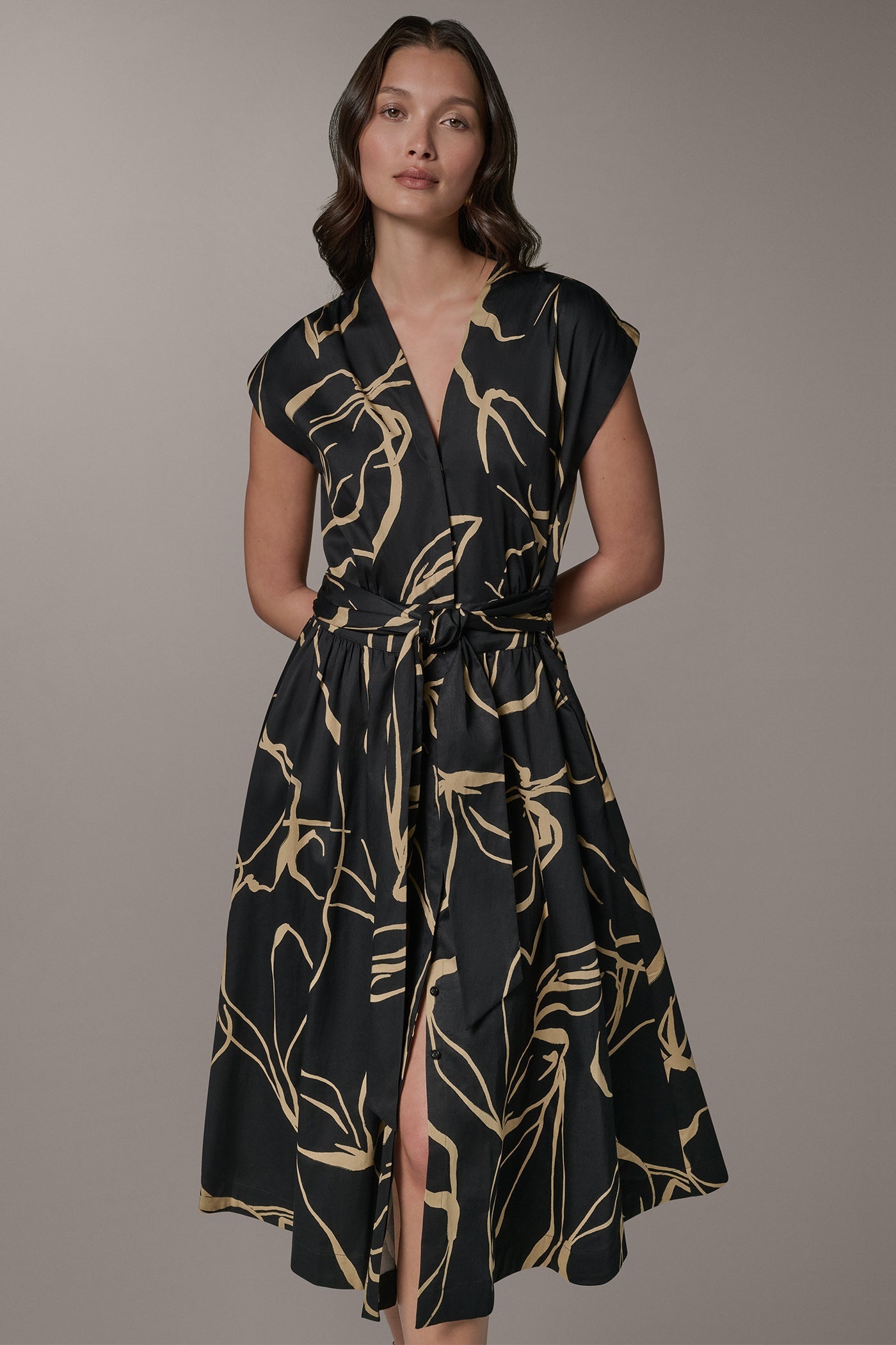 Black /Fawn SLEEVELESS PRINT MIDI DRESS Donna Karan