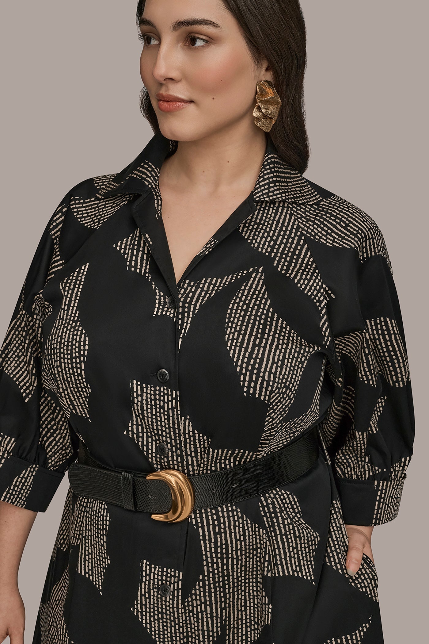 Black COTTON FLORAL MIDI SHIRT DRESS Donna Karan