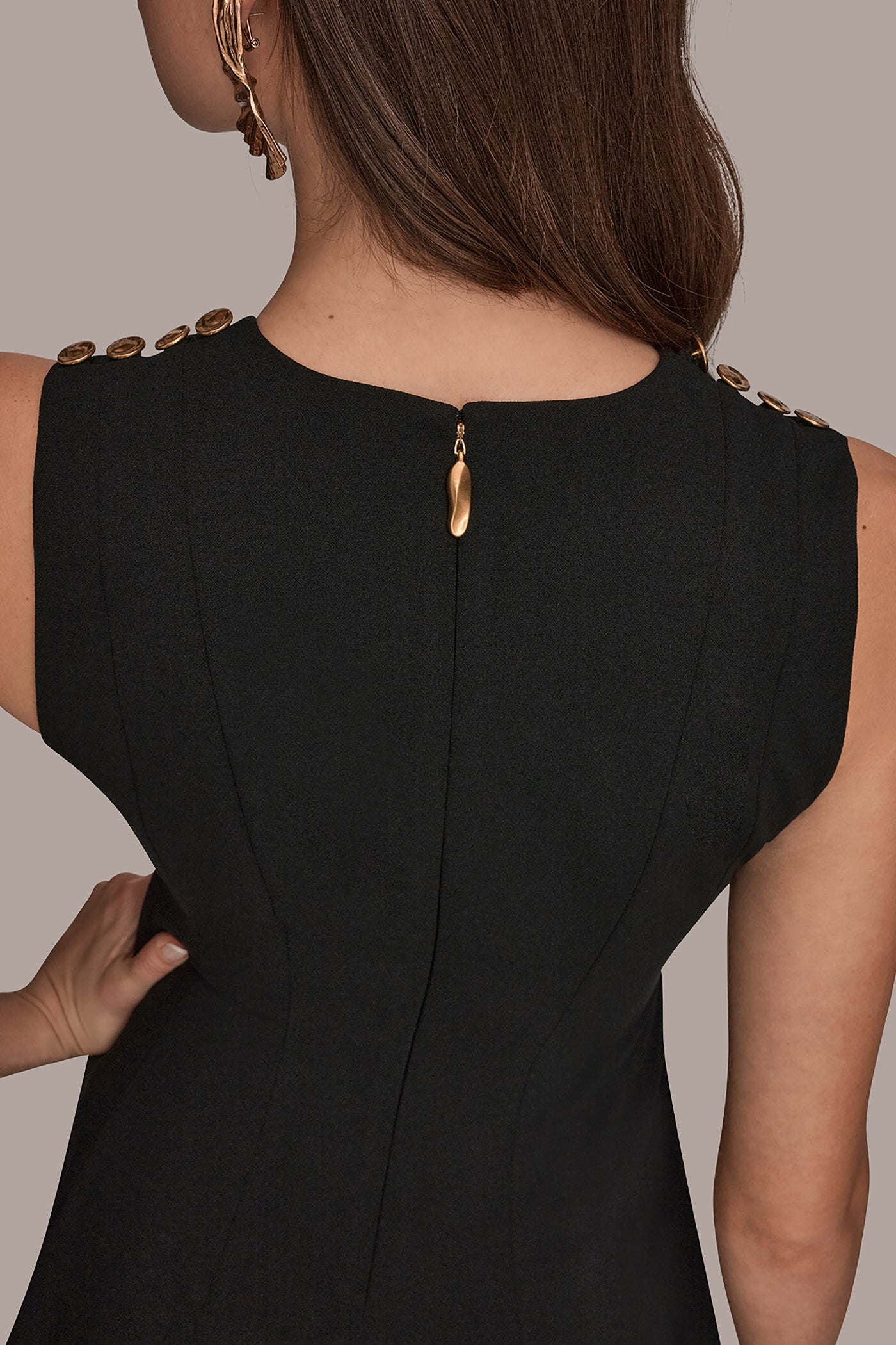 Black SLEEVELESS BUTTON MIDI FIT AND FLARE DRESS Donna Karan