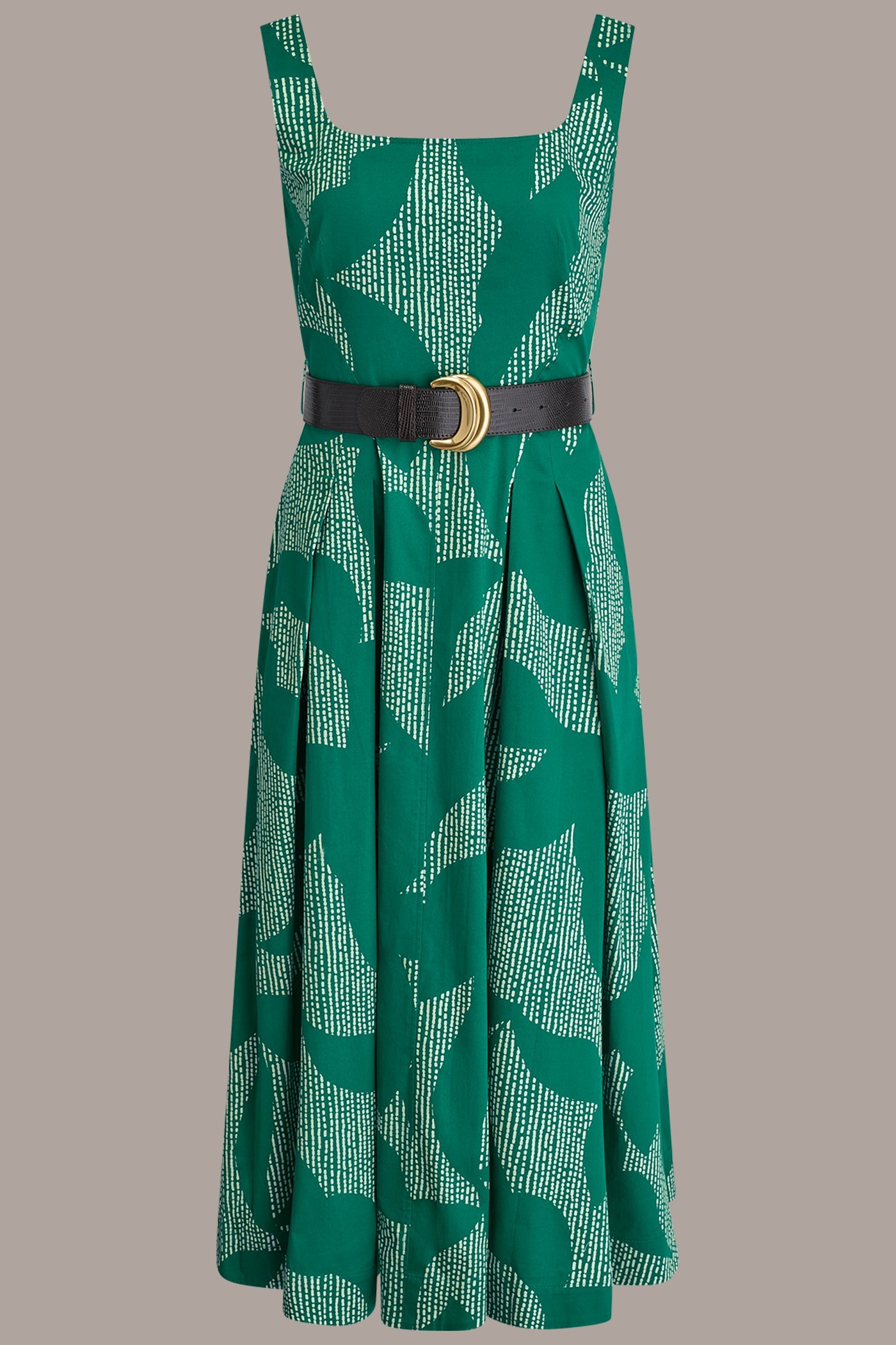 Lawn/Cream STRETCH COTTON-POPLIN PRINTED PLEATED MIDI A-LINE DRESS Donna Karan