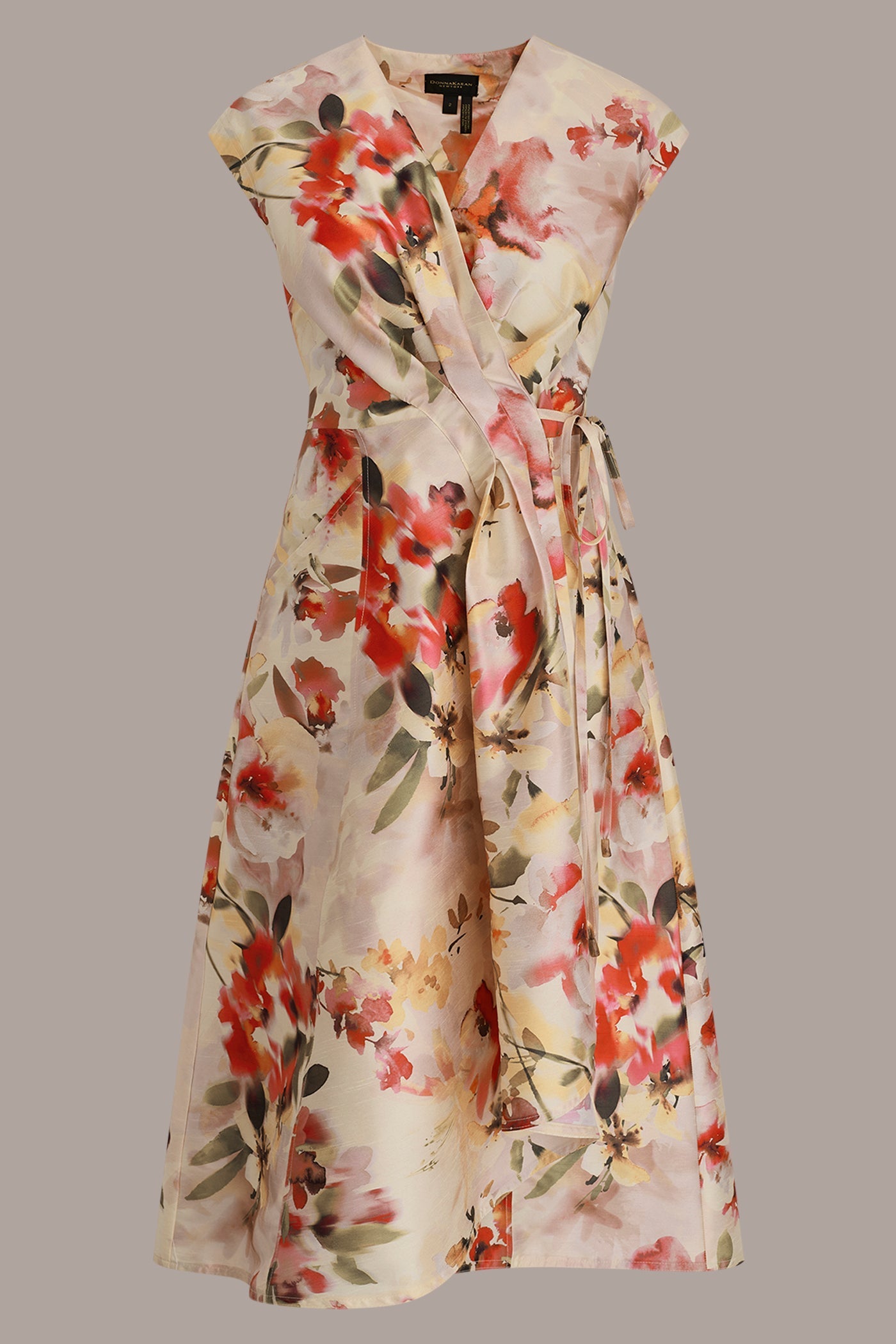 EGGSHELL MULTI DUPIONI FLORAL WRAP DRESS Donna Karan