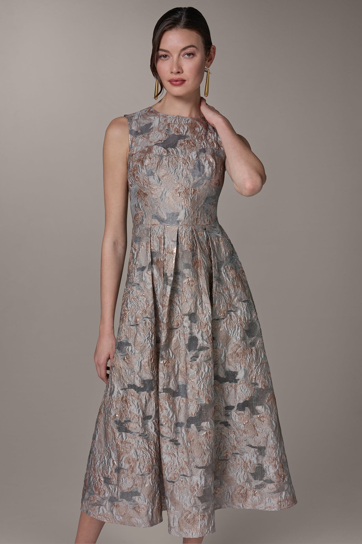 Grey Multi SLEEVELESS FLORAL MIDI FIT AND FLARE GOWN Donna Karan