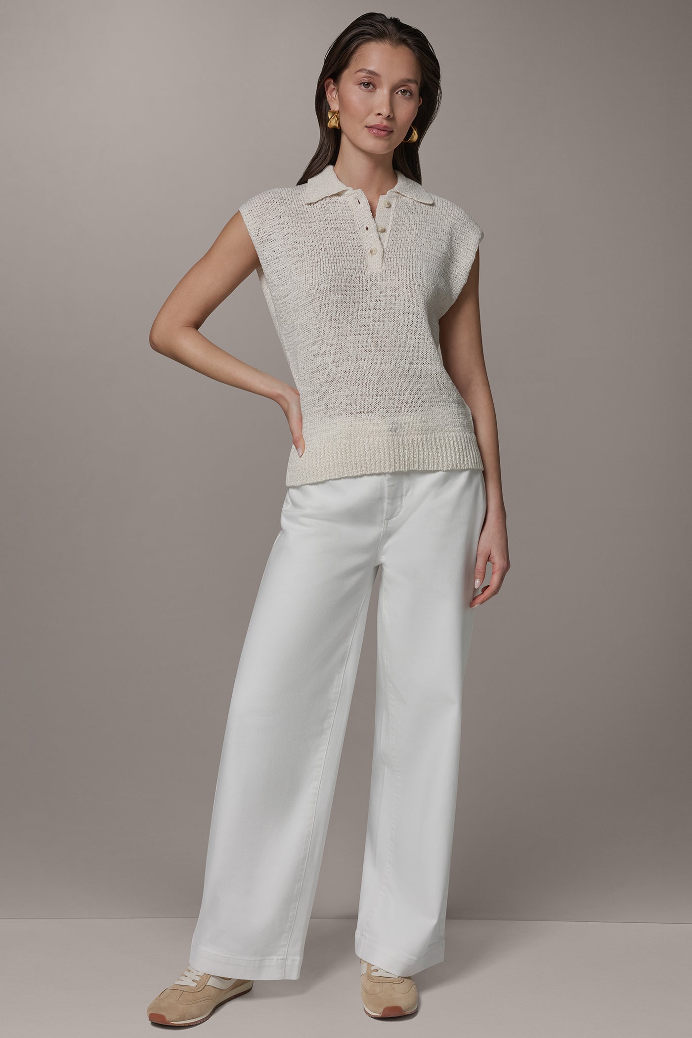 Cream SLEEVELESS POLO SWEATER Donna Karan