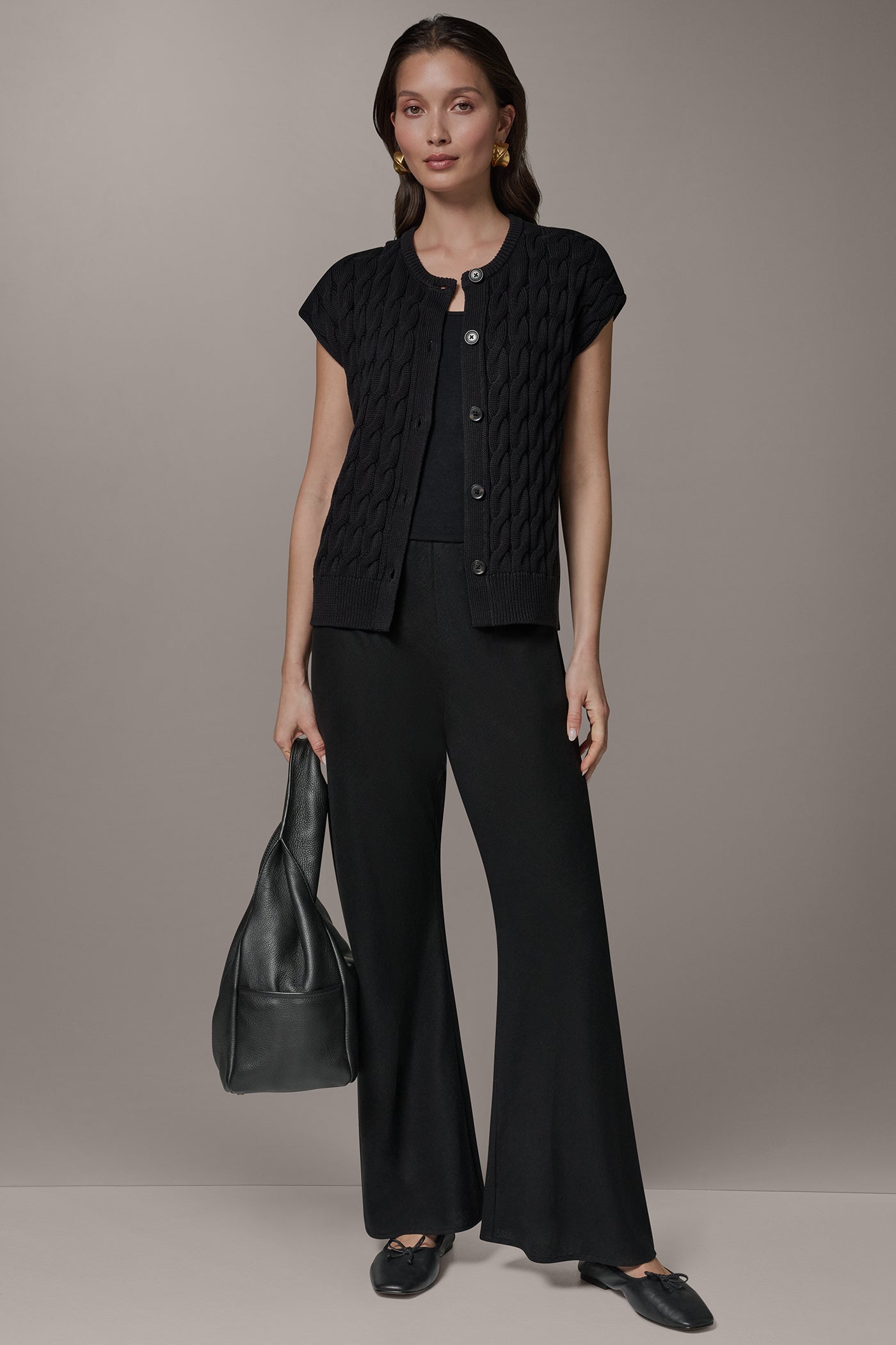 Black SLEEVELESS CABLE KNIT VEST Donna Karan