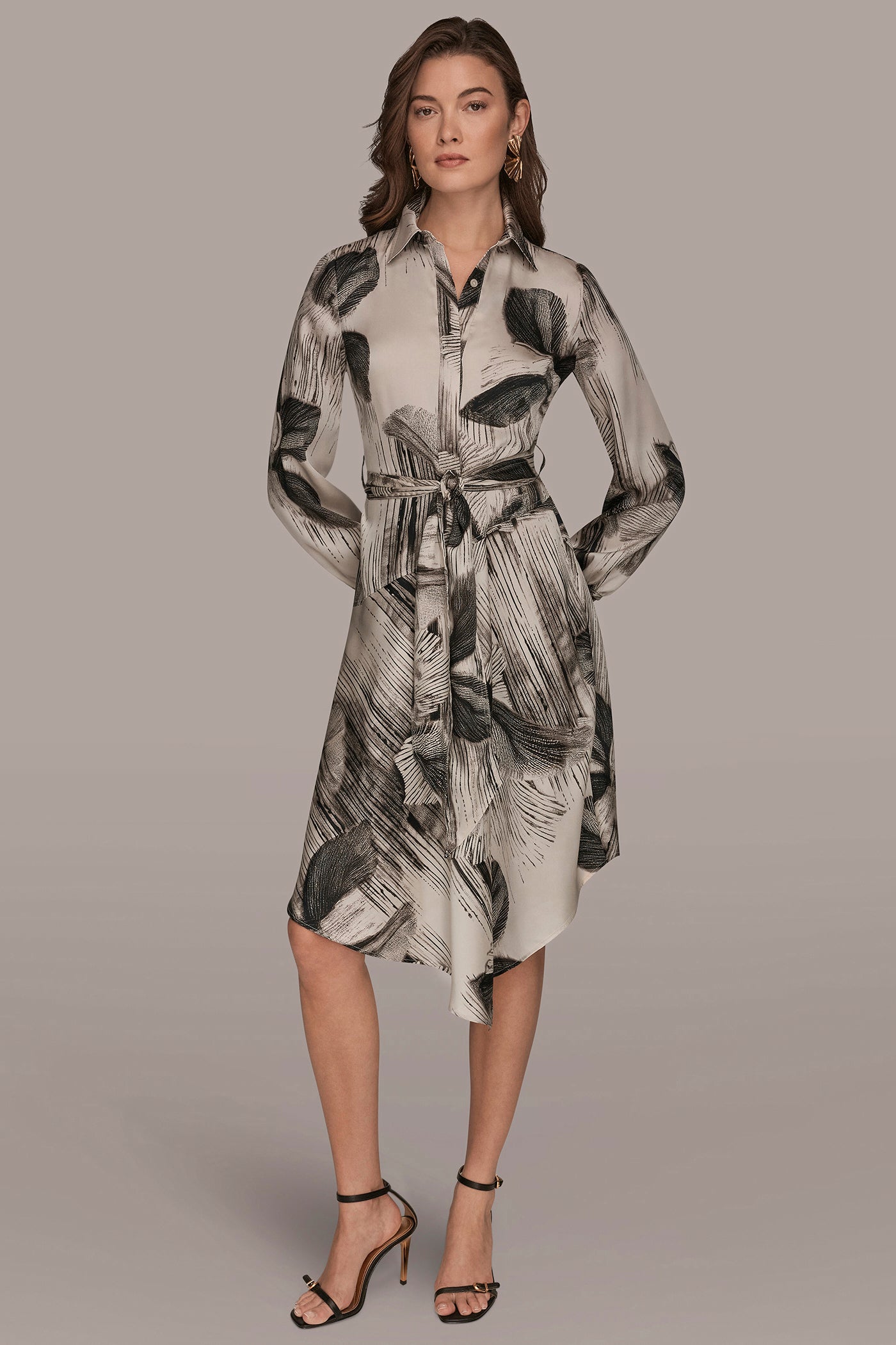 Black/Vellum FLORAL ASYMMETRIC MIDI A-LINE SHIRT DRESS Donna Karan