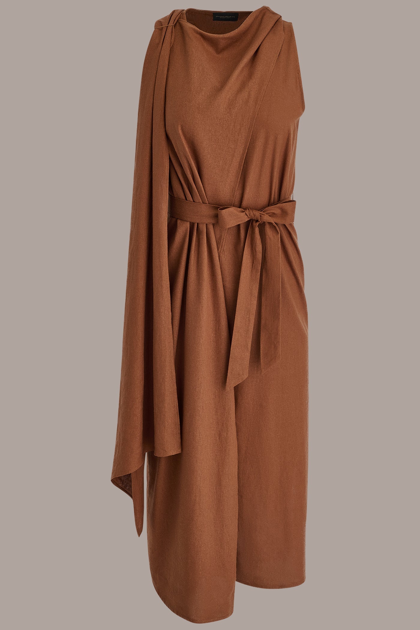 Cognac SLEEVELESS SCARF MIDI A-LINE DRESS Donna Karan