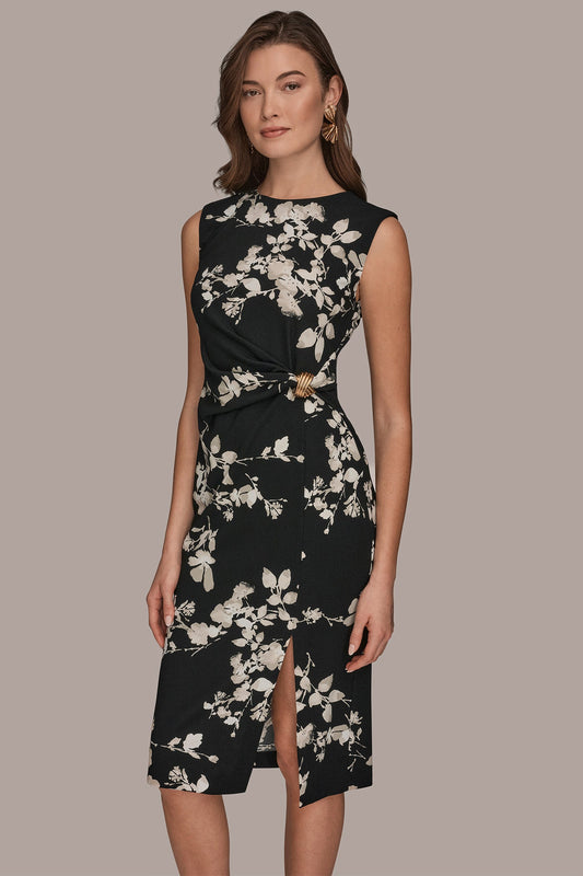BLACK MULTI FLORAL SLEEVELESS TWIST-WAIST SHEATH DRESS Donna Karan