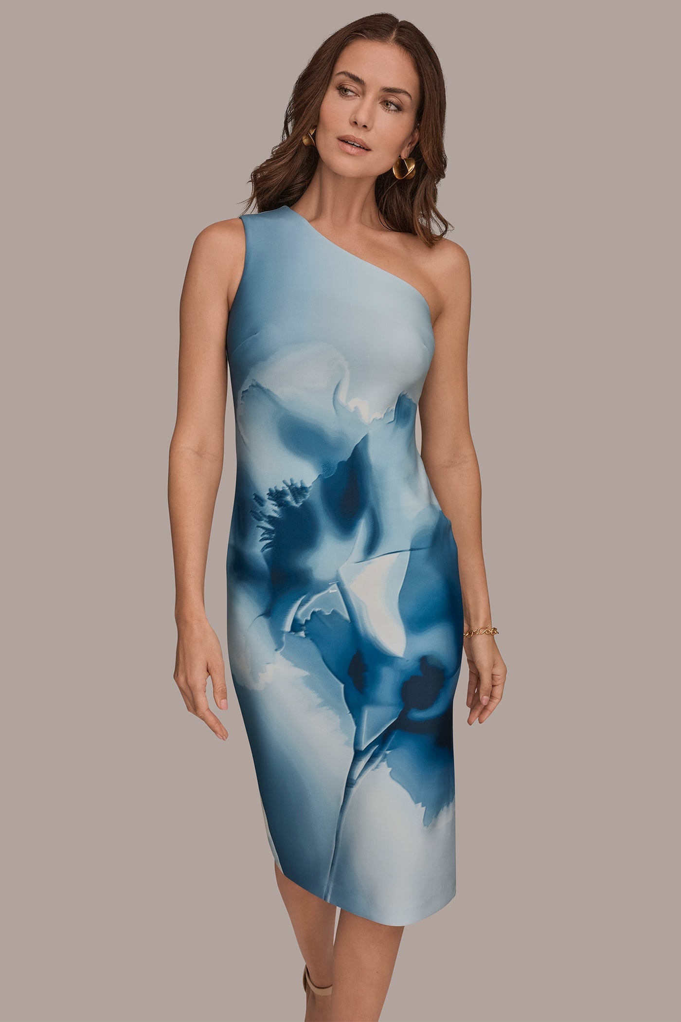 Washed Indigo Multi FLORAL ONE-SHOULDER SHEATH DRESS Donna Karan