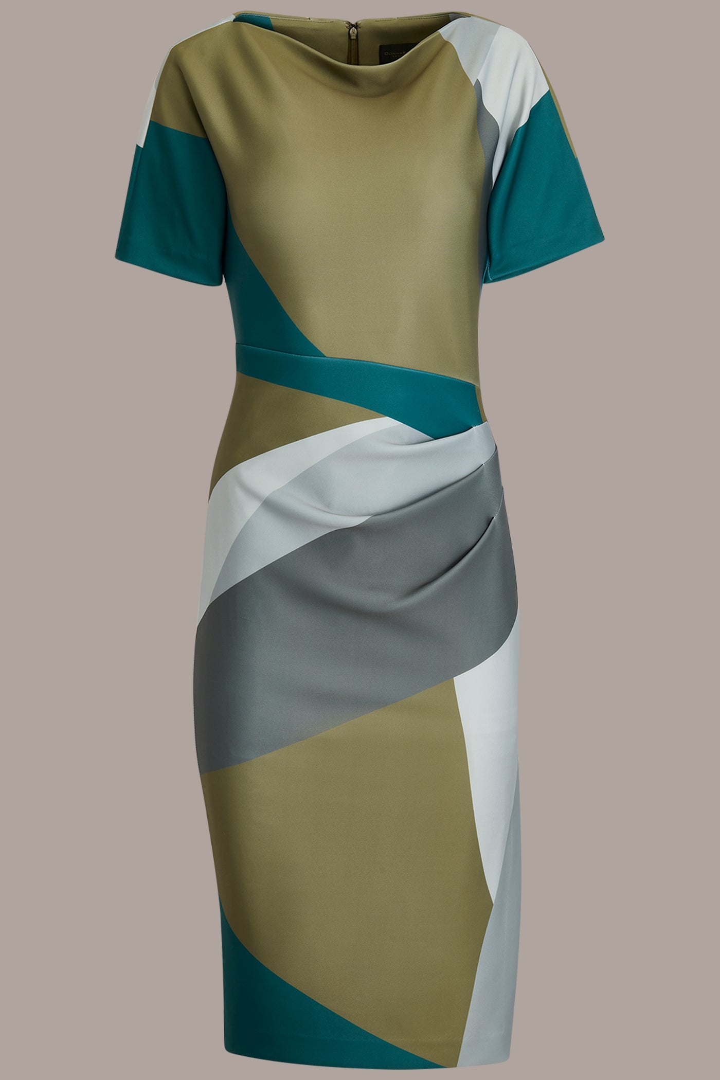 ANTIQUE GREEN MULTI SHORT SLEEVE COLOR-BLOCK MIDI SHEATH DRESS Donna Karan