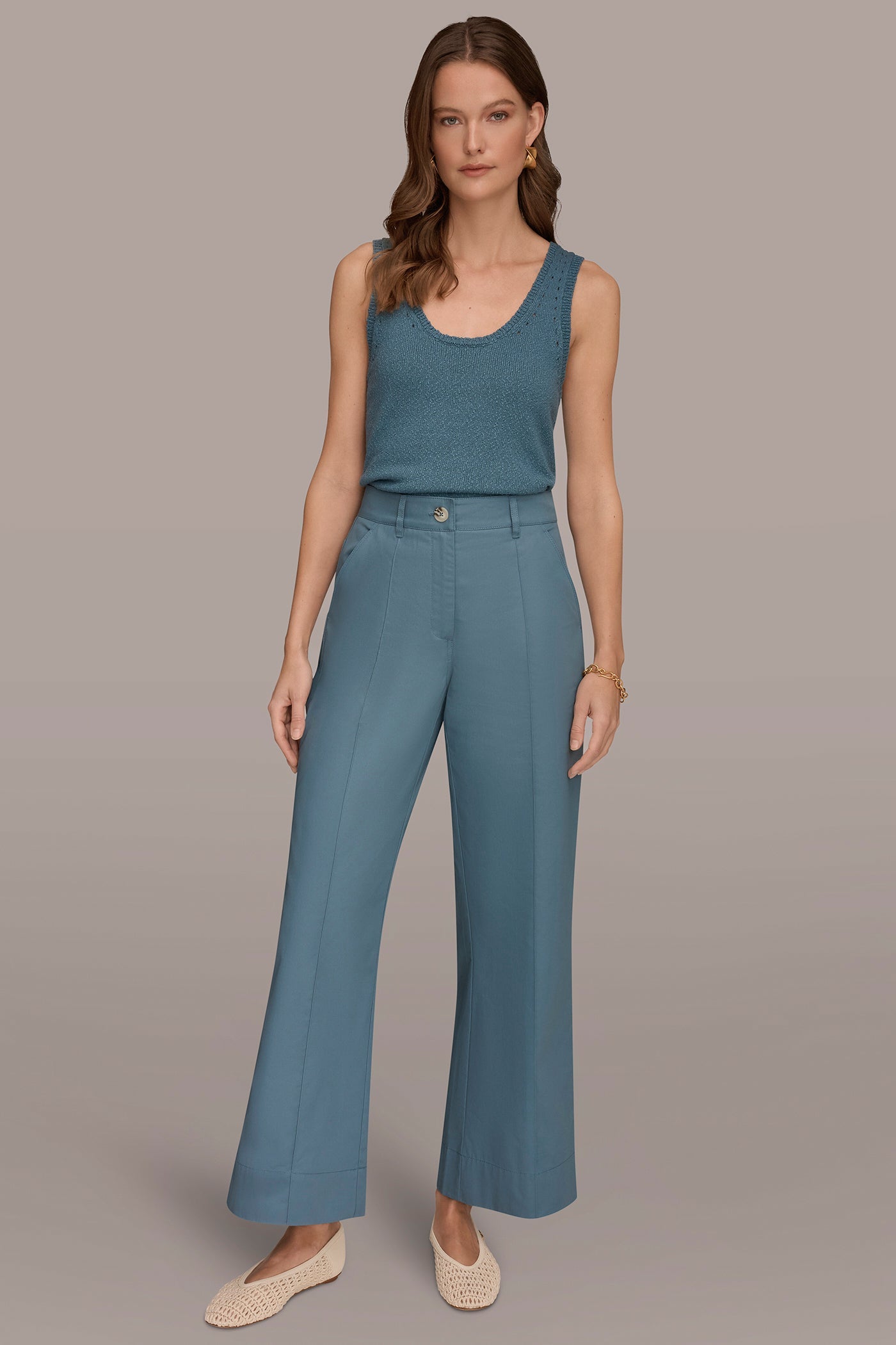Washed Indigo HIGH-RISE PINTUCKED WIDE-LEG TROUSER Donna Karan