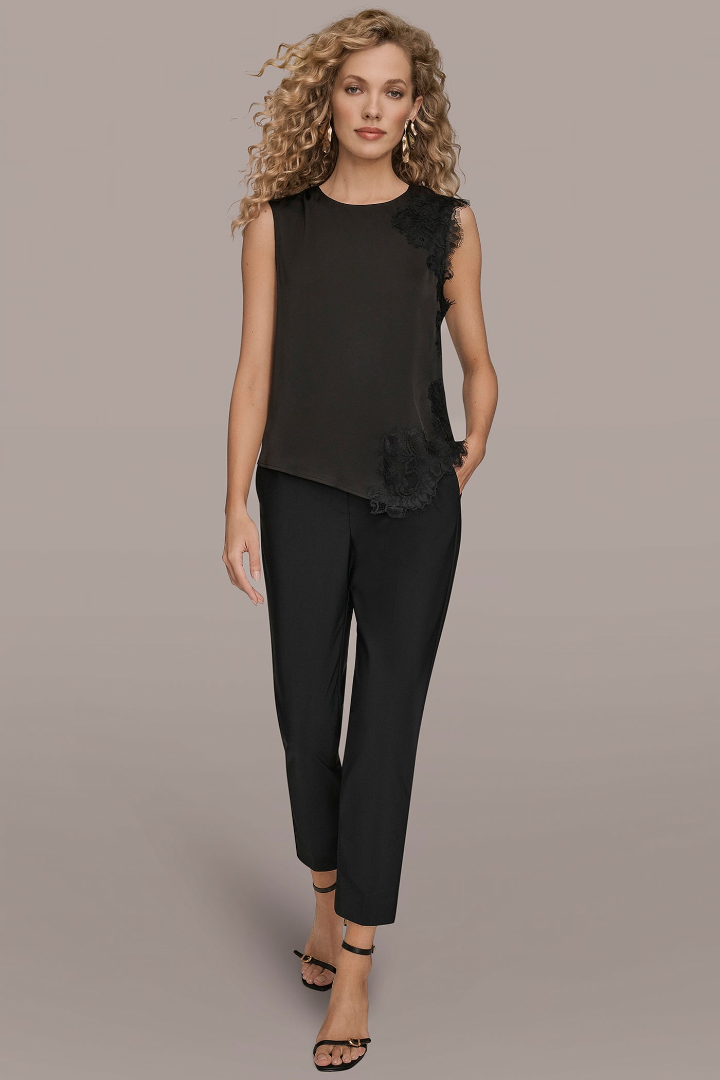 Black ASYMMETRIC LACE-TRIMMED BLOUSE Donna Karan