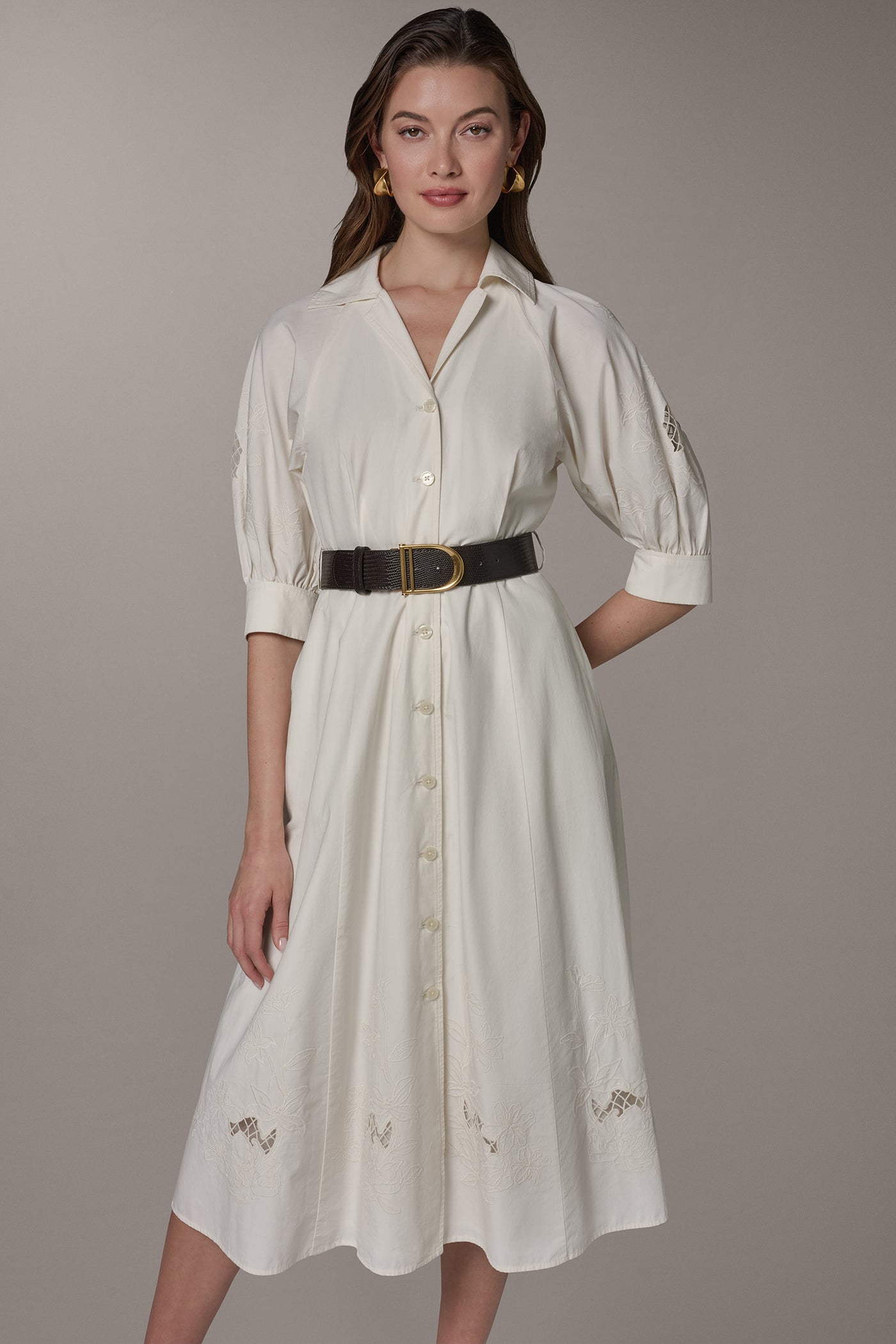 Cream PUFF SLEEVE MIDI SHIRT DRESS Donna Karan