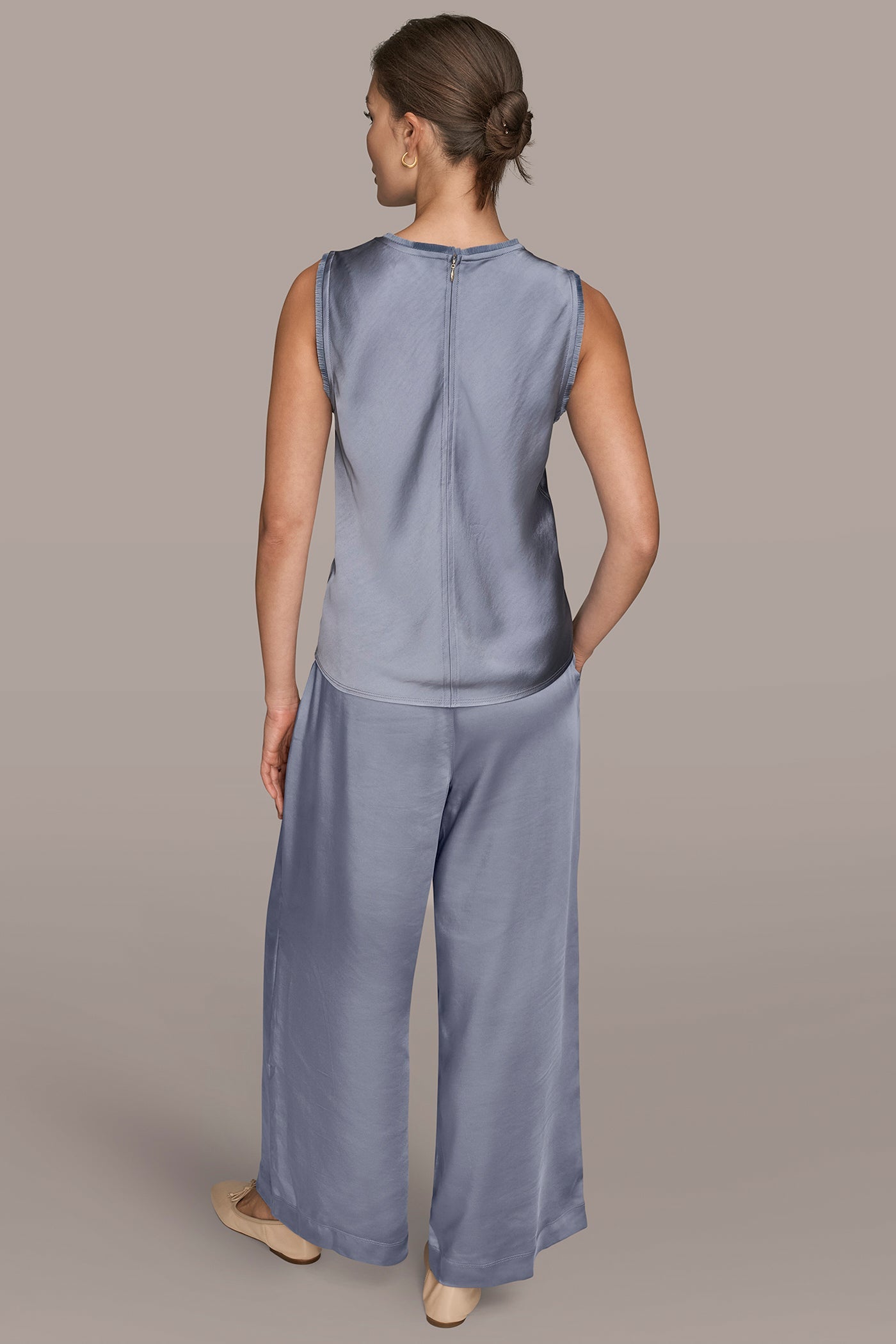 Tempest SATIN FRINGE-TRIMMED SLEEVELESS BLOUSE Donna Karan