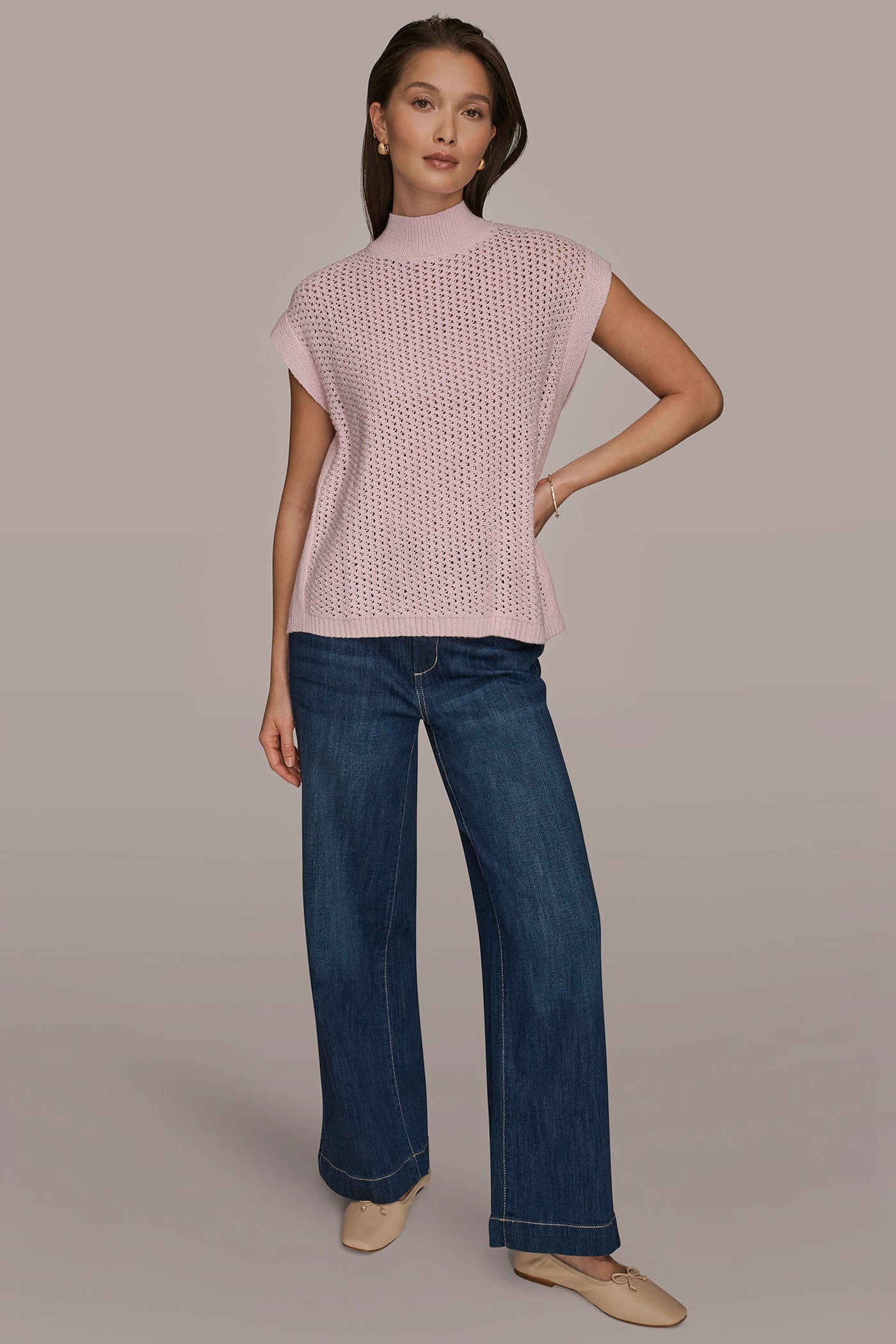 PINK WISTERIA SLEEVELESS MOCK-NECK OPEN STITCH SWEATER Donna Karan