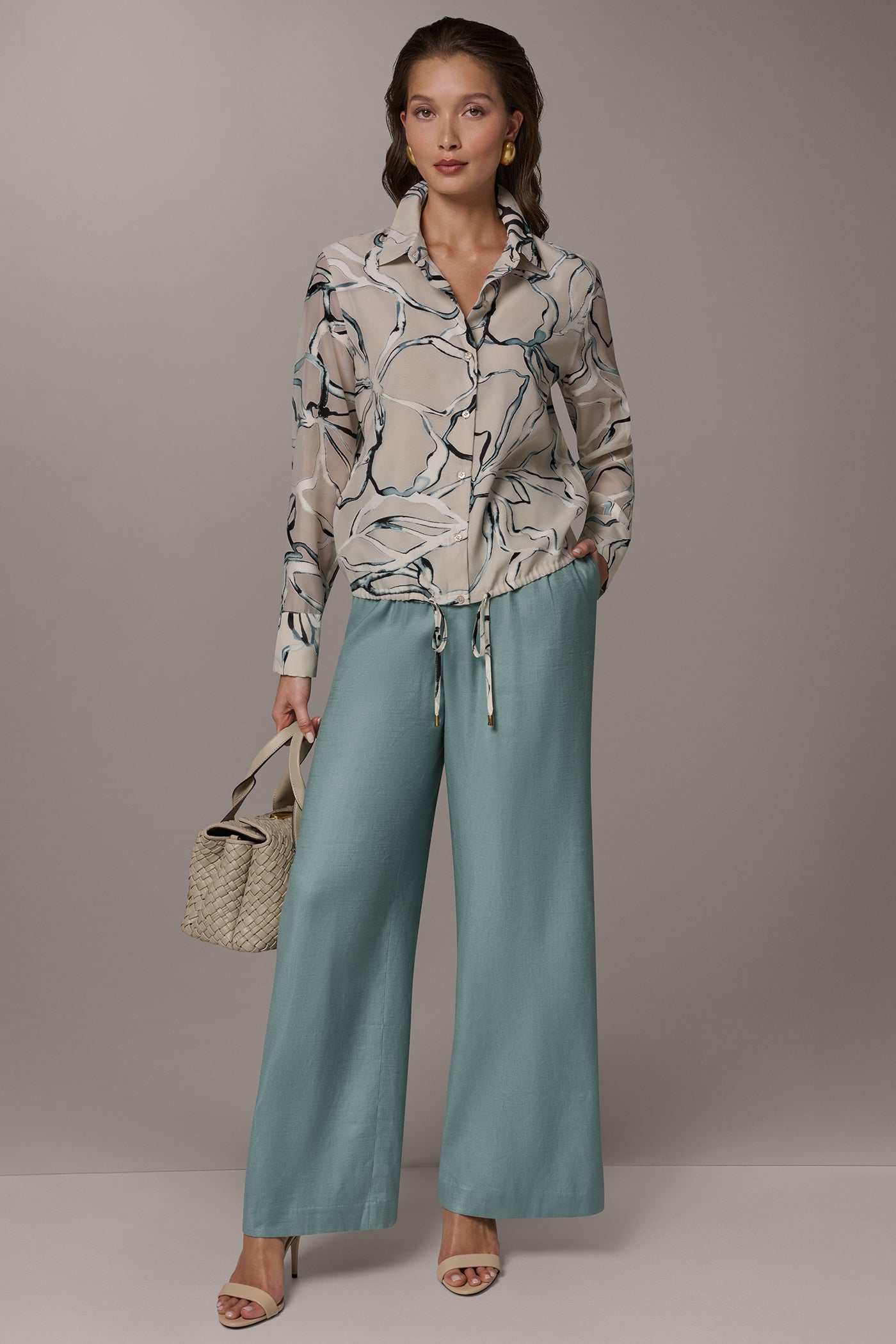 Aquamint Multi BURNOUT DRAWSTRING HEM BLOUSE Donna Karan