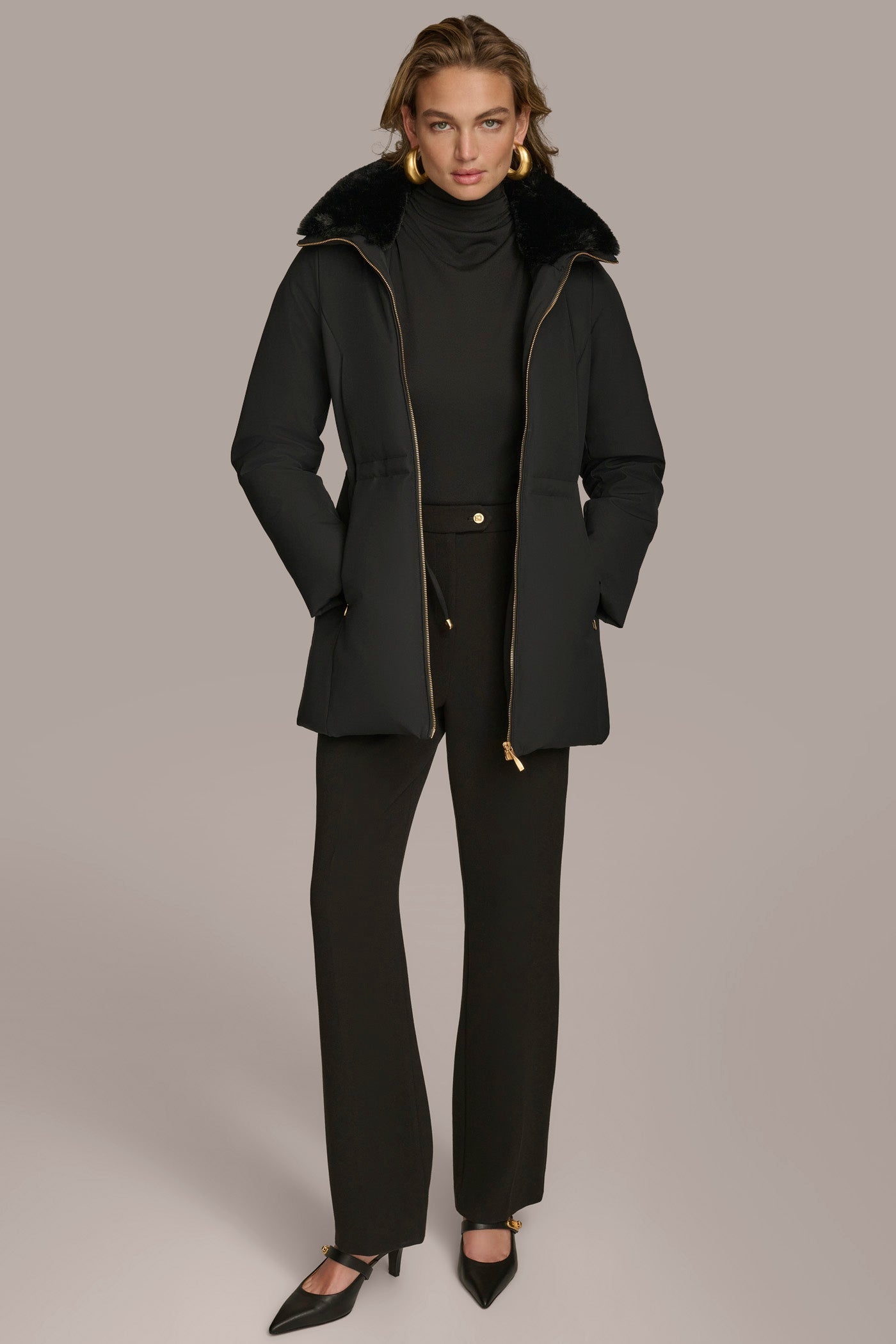 Black FAUX FUR LINED PUFFER Donna Karan