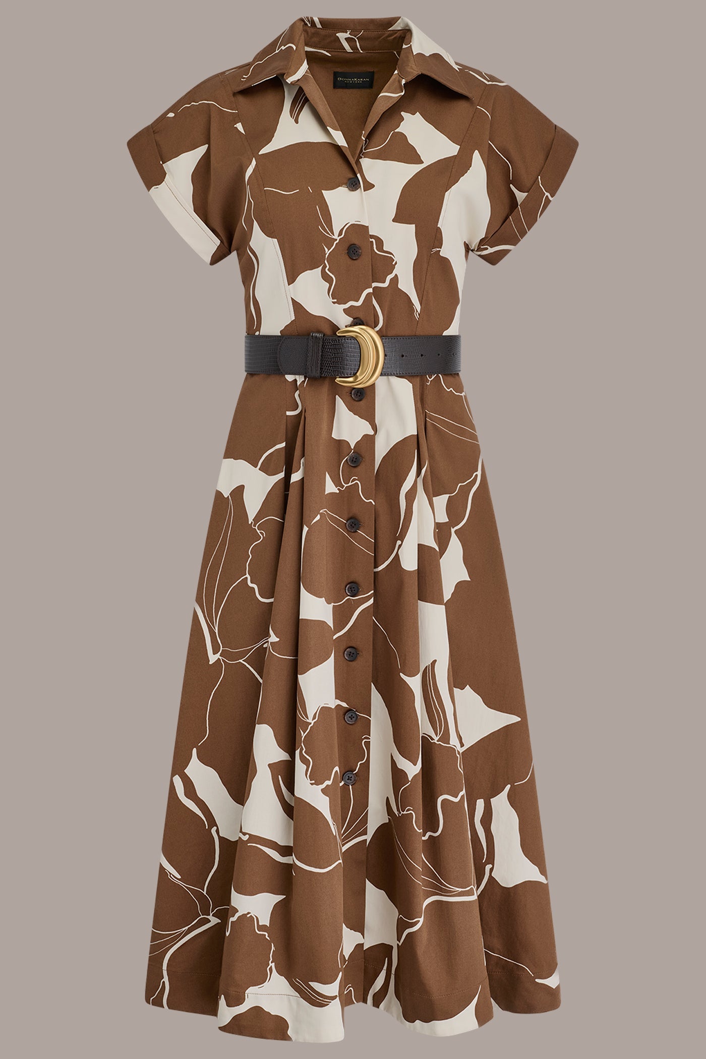 Cognac/Light Canvas COTTON-SATEEN FLORAL MIDI SHIRT DRESS Donna Karan