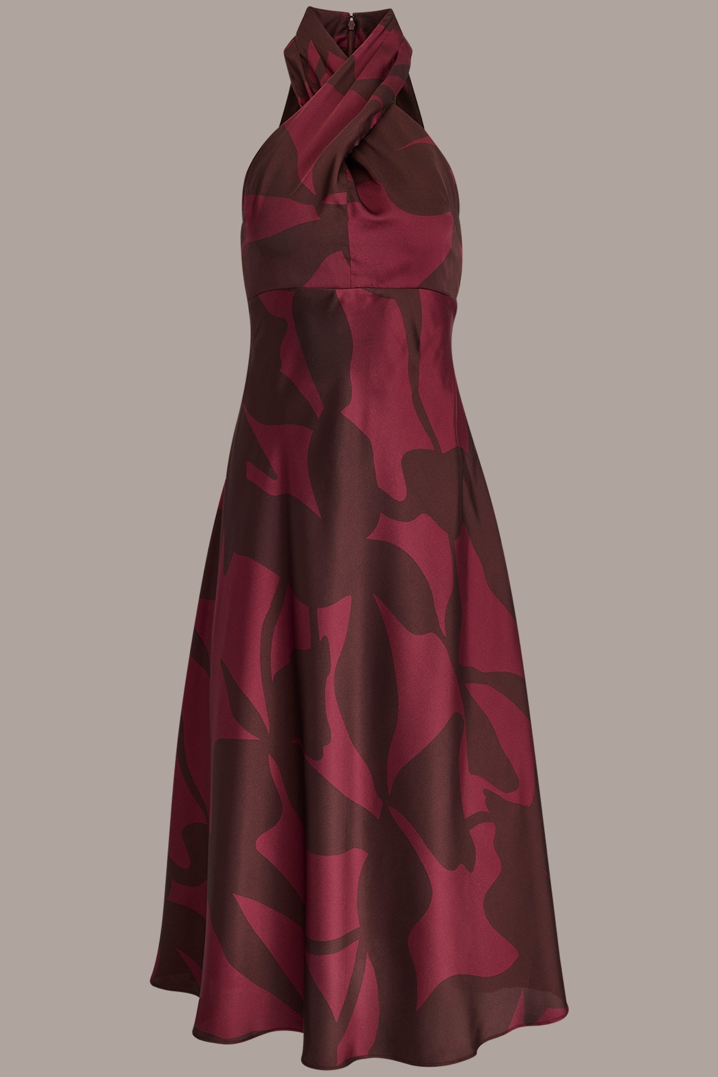 Oxblood/Rhododendron FLORAL CROSS-FRONT MIDI HALTER DRESS Donna Karan
