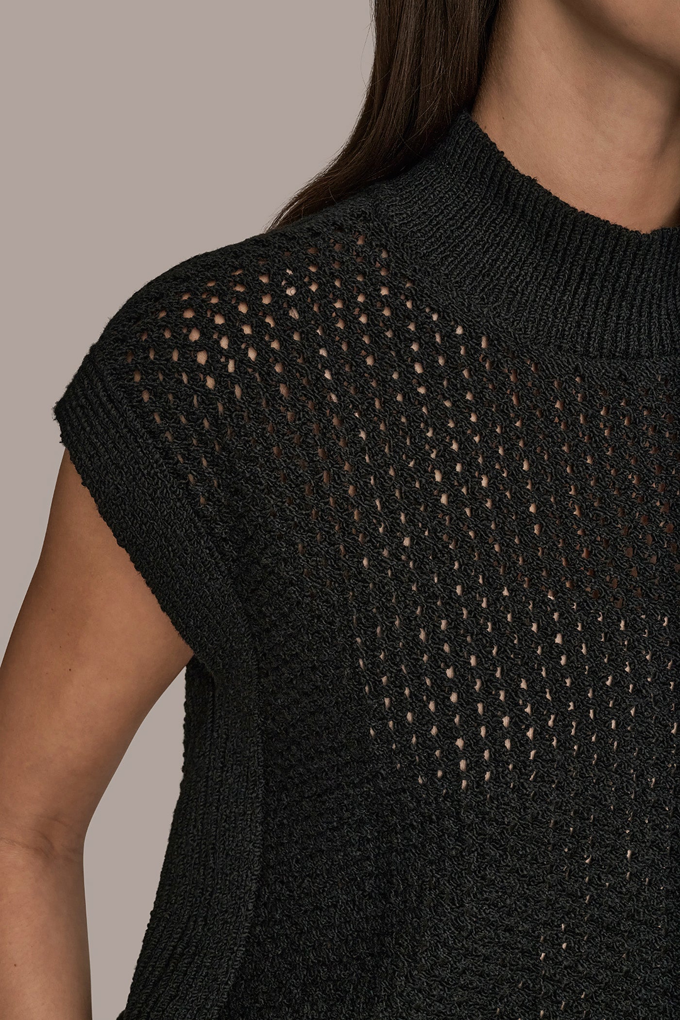 Black SLEEVELESS MOCK-NECK OPEN STITCH SWEATER Donna Karan