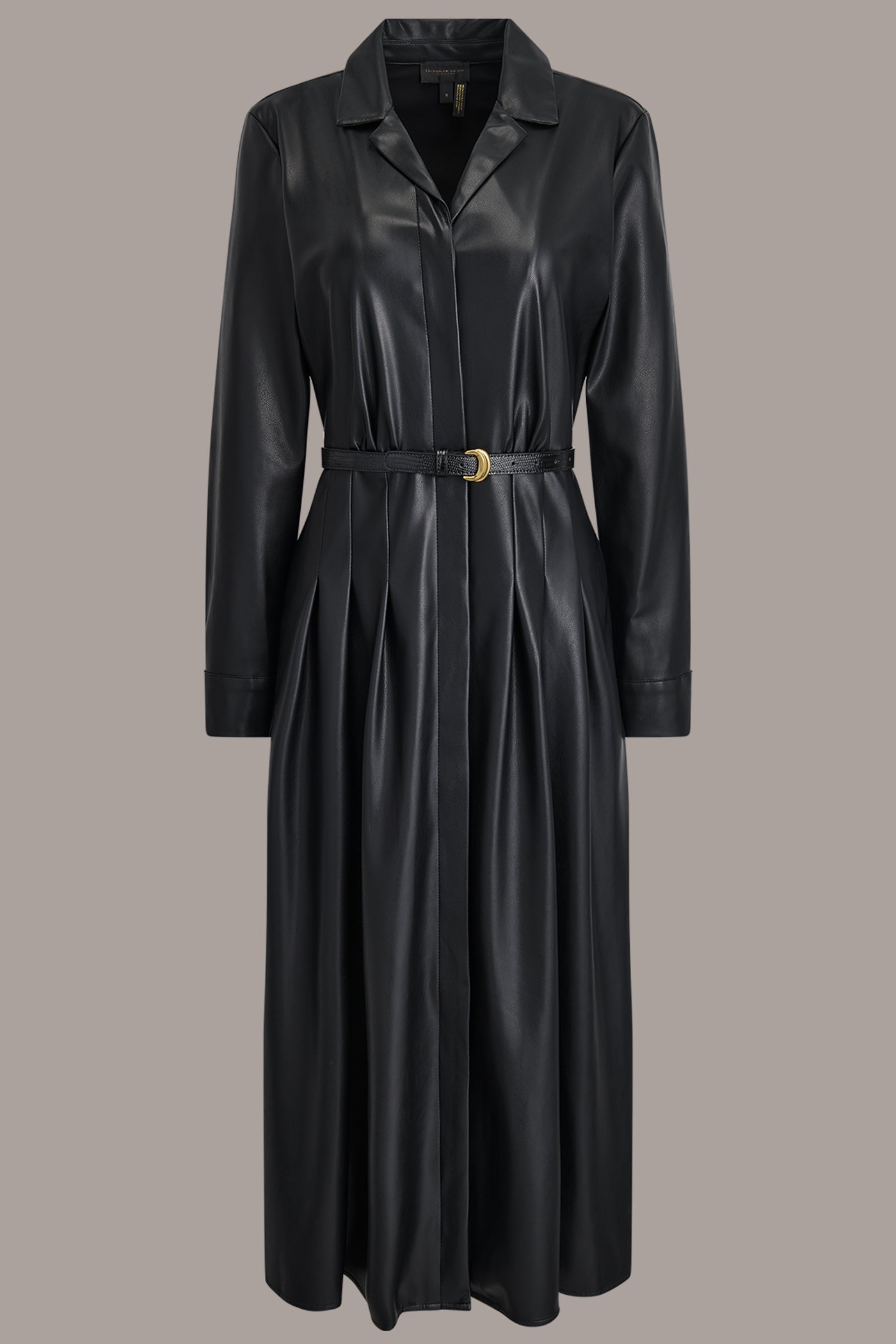 Black LONG SLEEVE FAUX LEATHER MIDI SHIRT DRESS Donna Karan