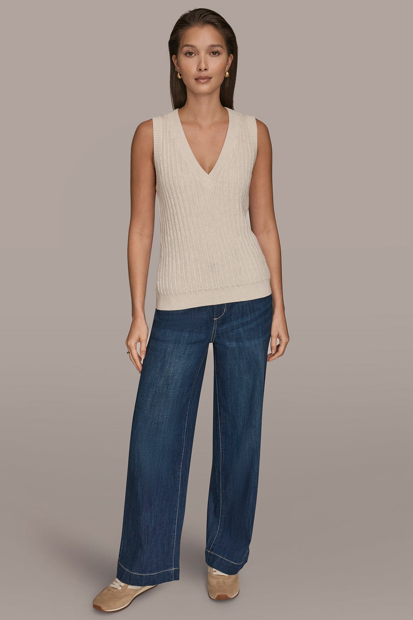 CREAM/SILVER LOOP STITCH SWEATER VEST Donna Karan