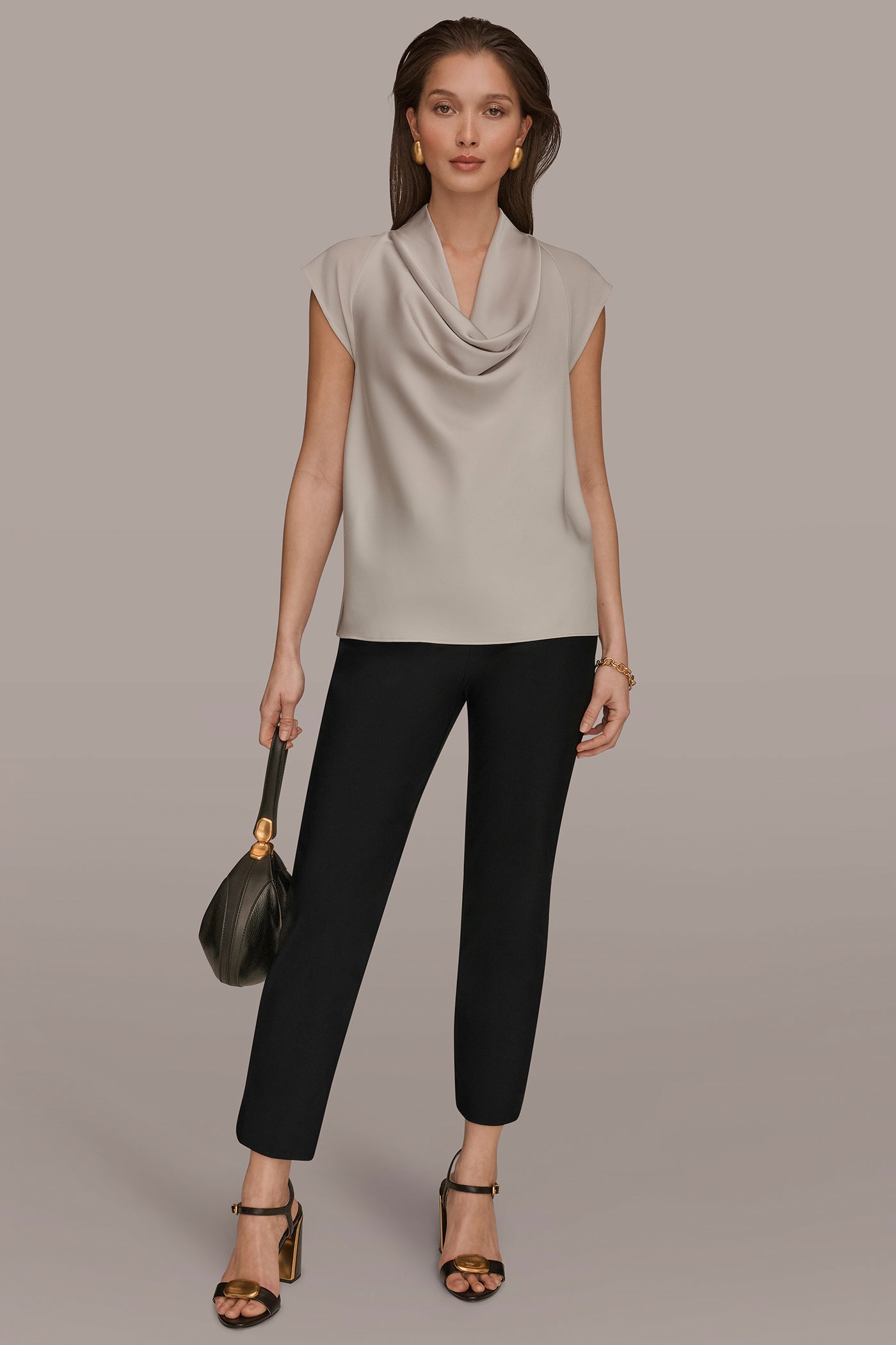 Tuscan Grey MIXED MEDIA COWL-NECK TOP Donna Karan