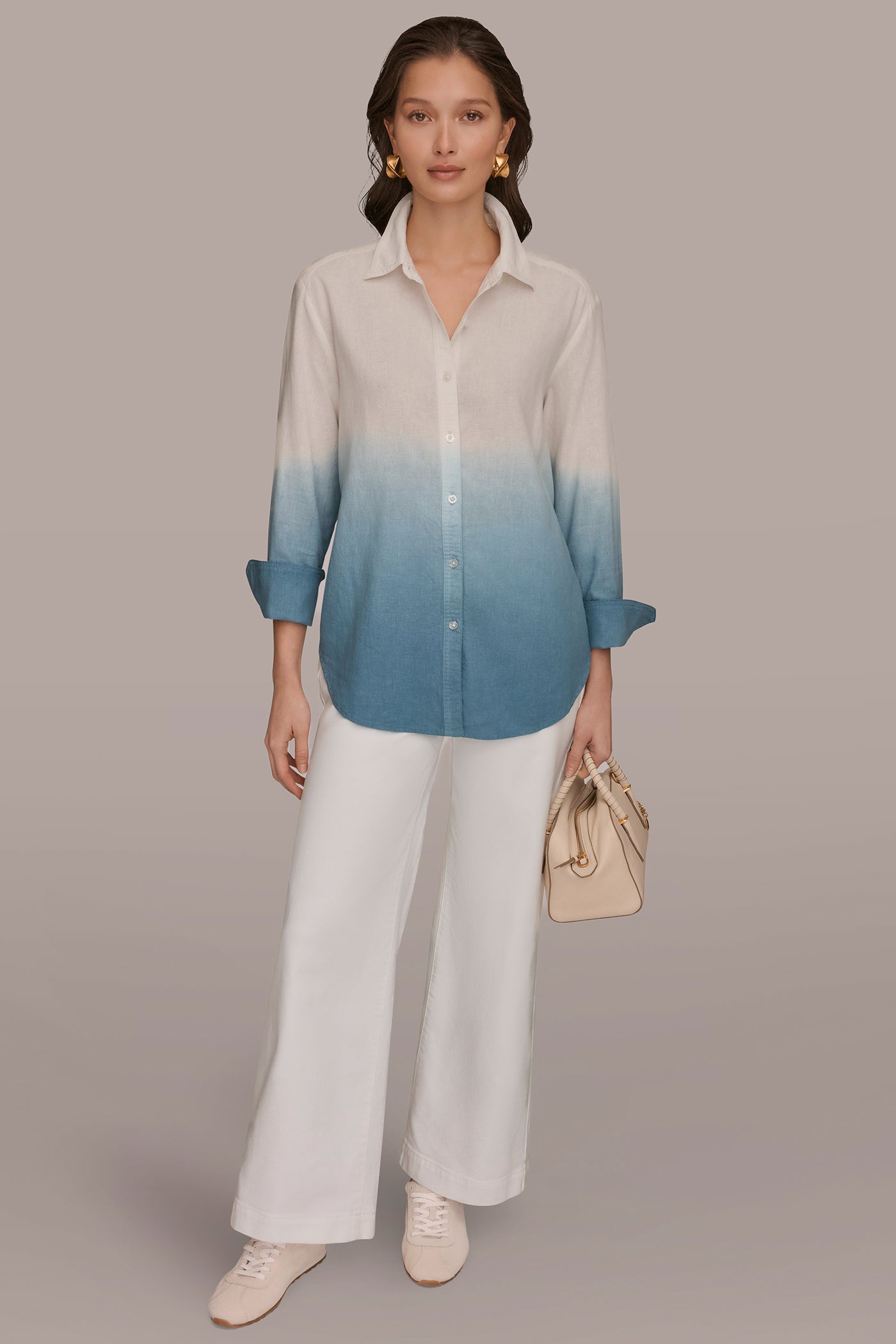 Washed Indigo Dip Dye LINEN-BLEND DIP-DYED STRIPED SHIRT Donna Karan