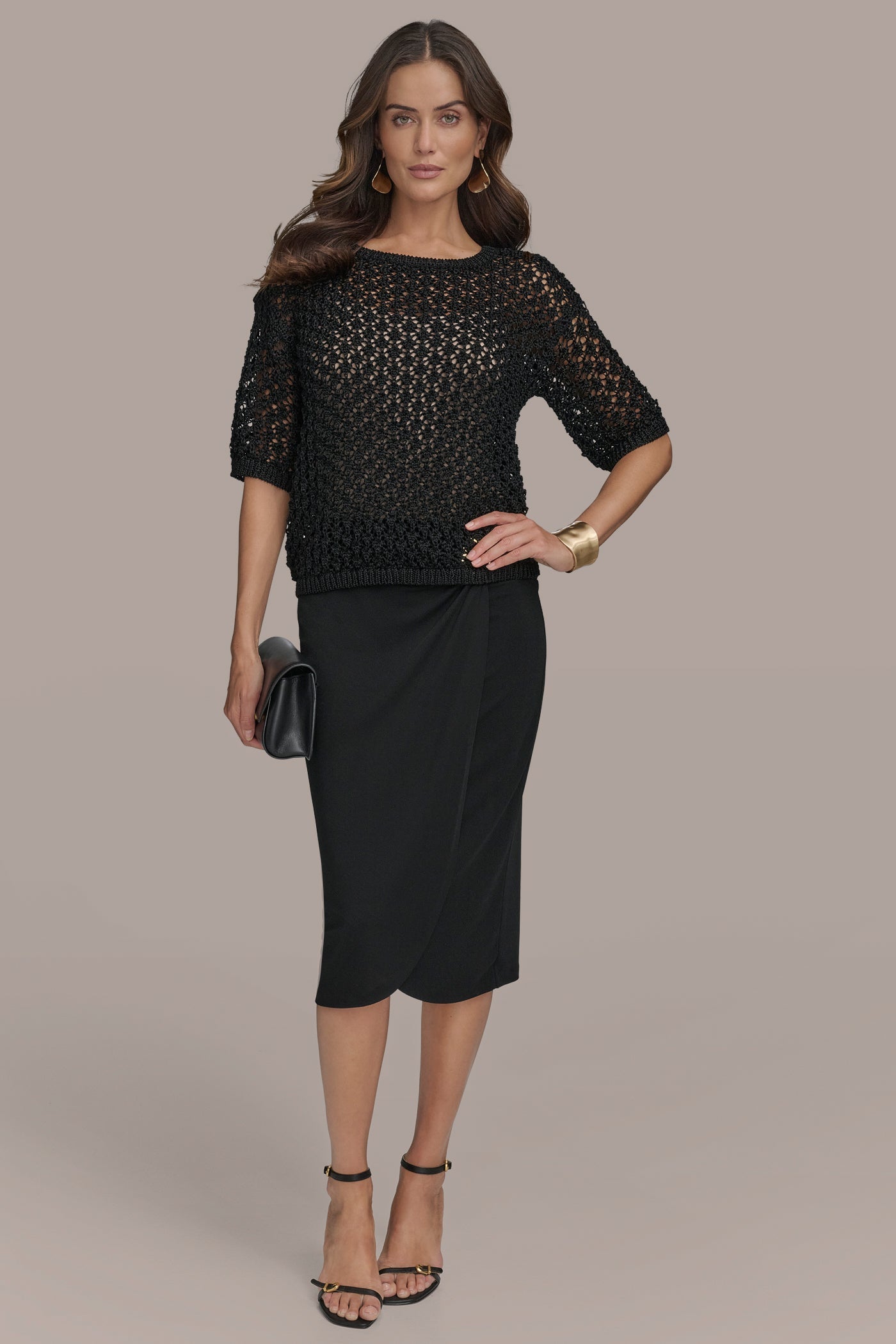 Black OPEN STITCH CREW NECK TOP Donna Karan