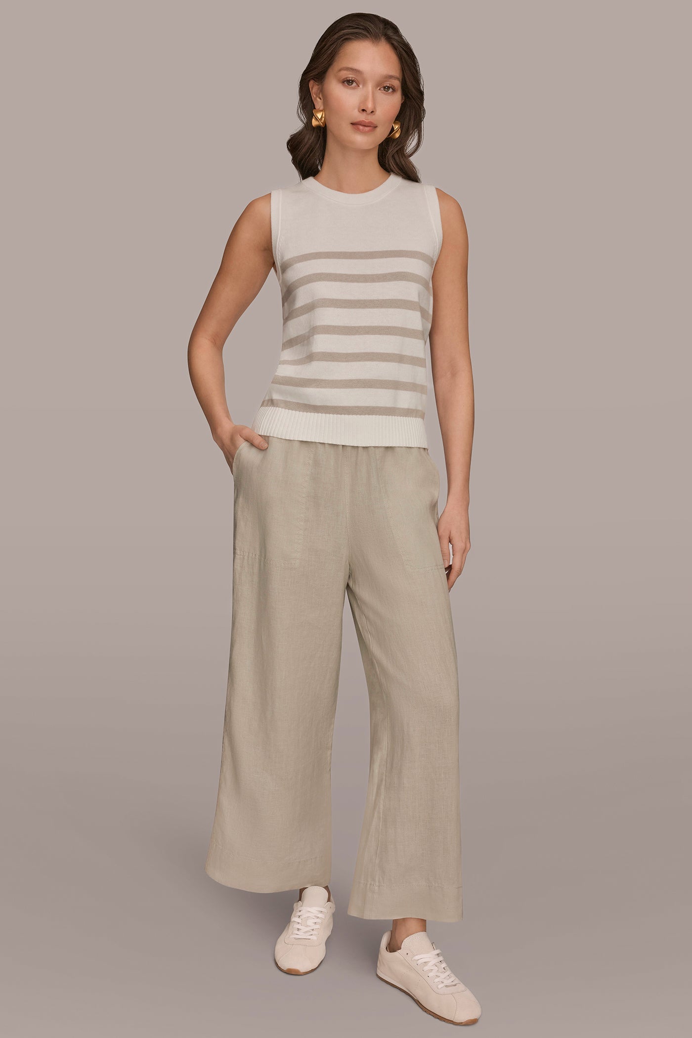 Cream/Tuscan Grey COTTON AND CASHMERE SLEEVELESS STRIPED SWEATER Donna Karan