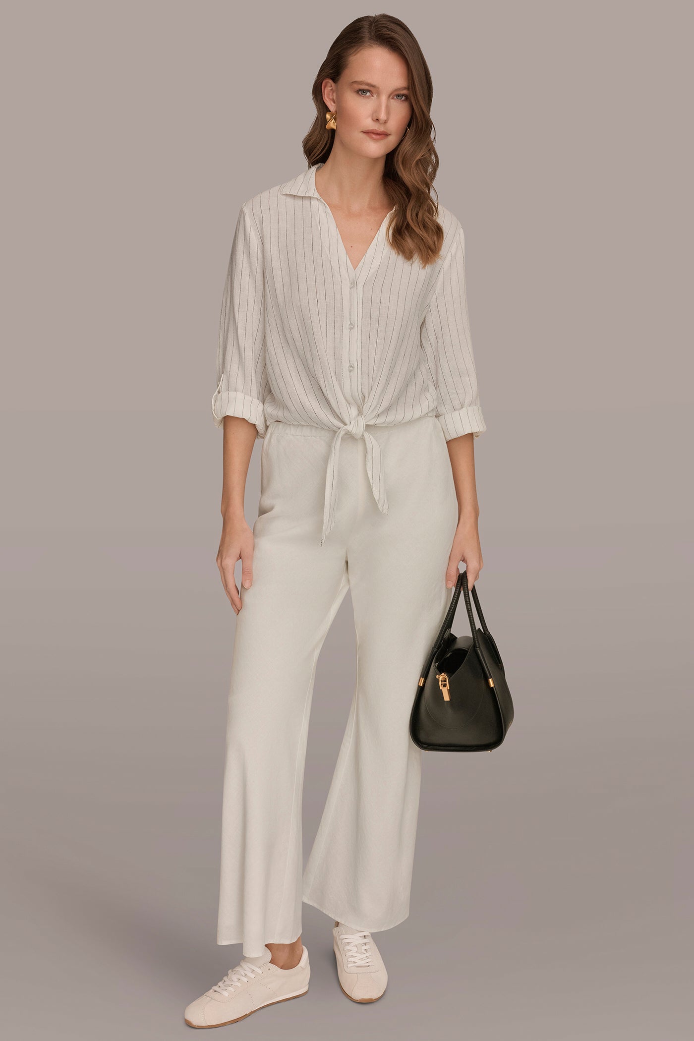 Cream/Black LONG SLEEVE TIE-FRONT BLOUSE Donna Karan