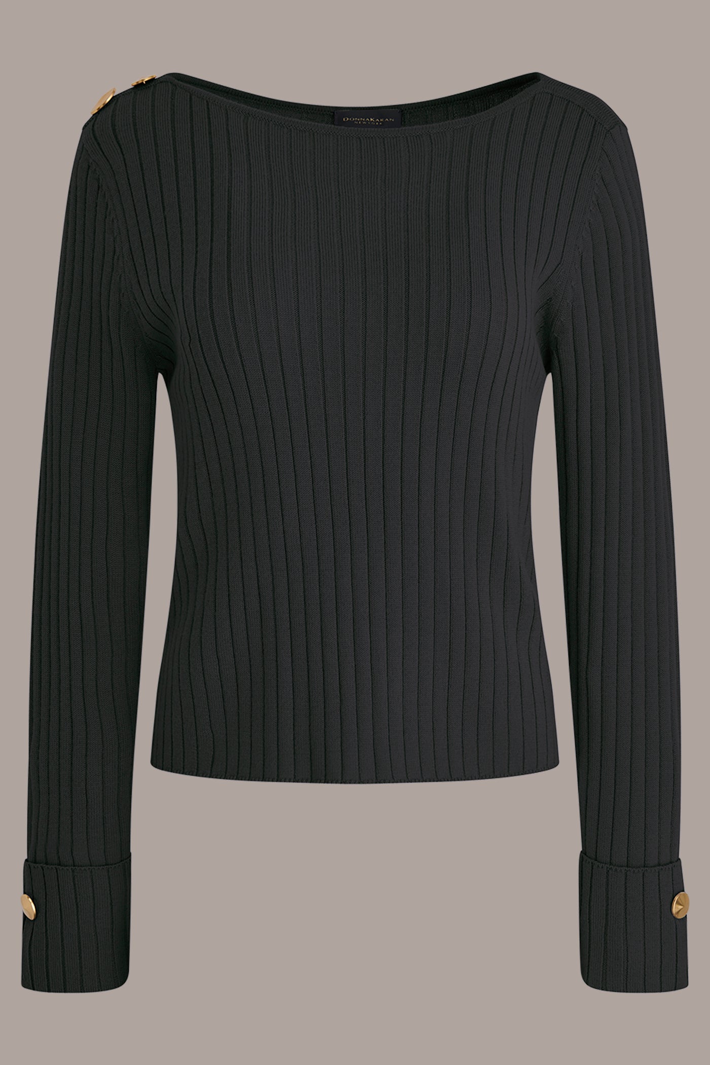 Black LONG SLEEVE BOATNECK RIBBED BUTTON SWEATER Donna Karan