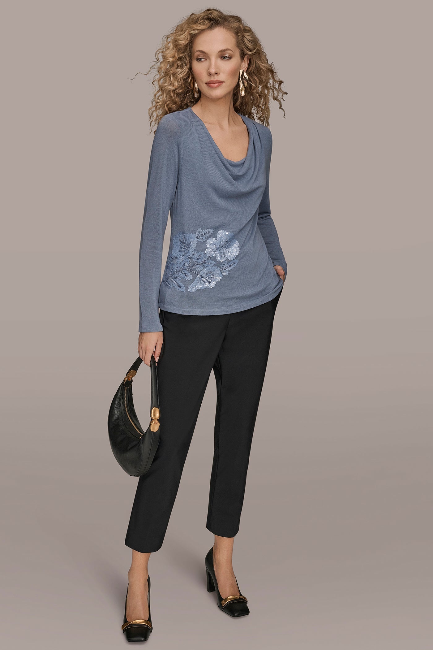 TEMPEST LONG-SLEEVE COWL-NECK FLORAL TOP Donna Karan