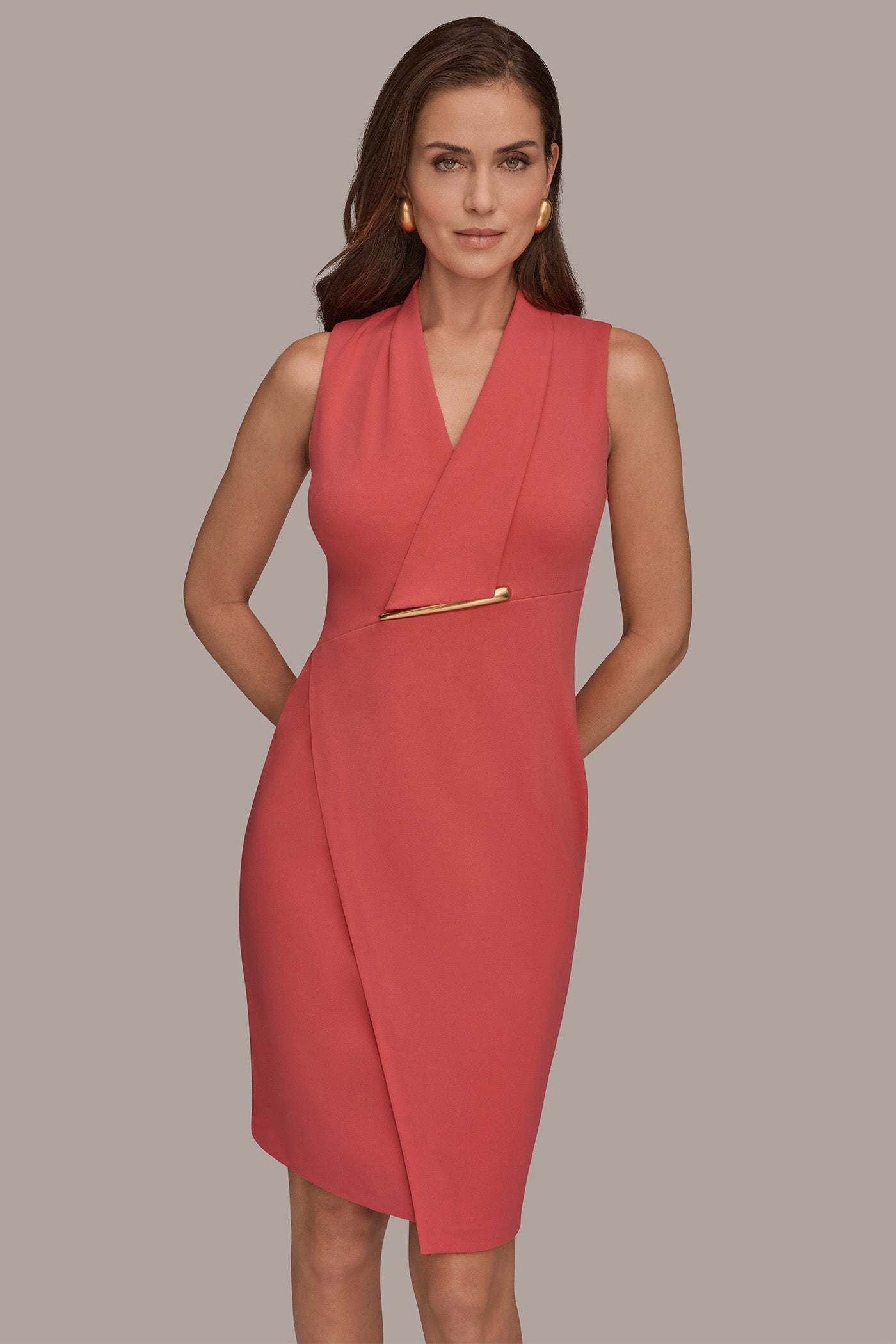 Azalea Pink SLEEVELESS WRAP V-NECK SHEATH DRESS Donna Karan