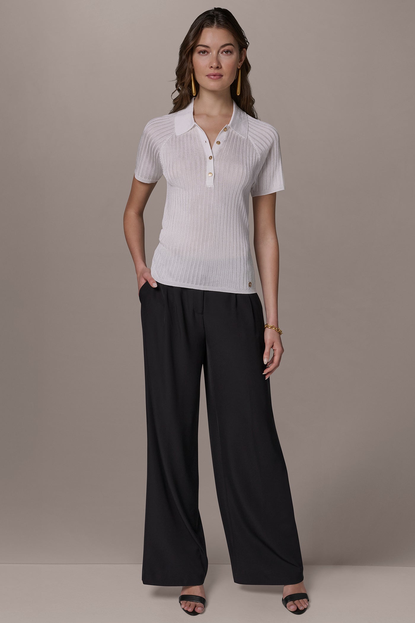 Cream RIB-KNIT POLO SWEATER Donna Karan