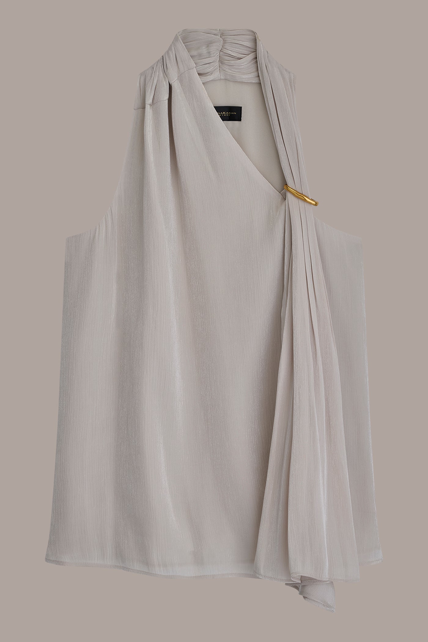 Tuscan Grey METALLIC ASYMMETRIC SCARF HALTER BLOUSE Donna Karan