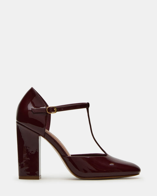 Steve Madden MALCOLM Burgundy Patent T-Strap Block Heel Women's Heel